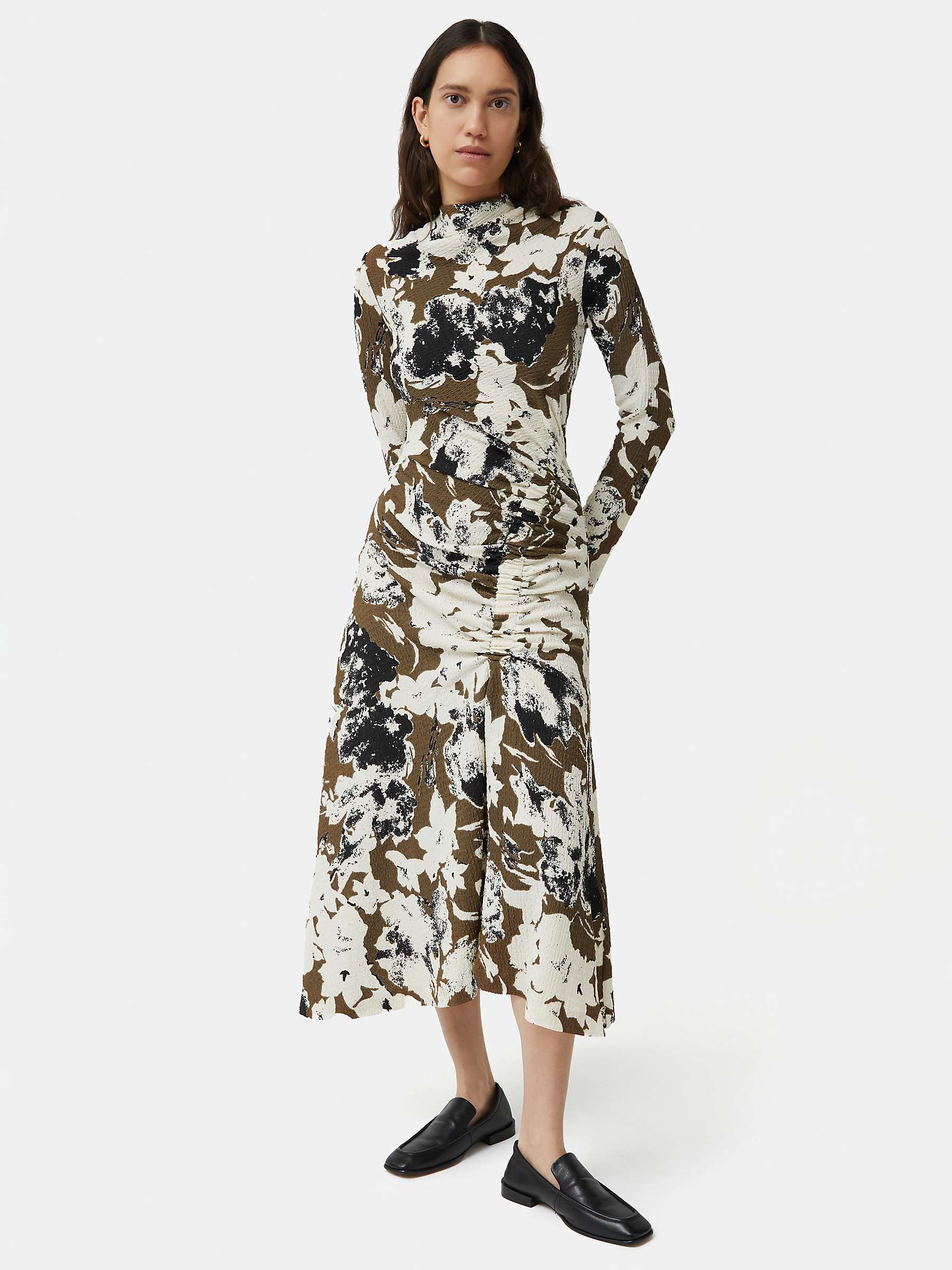 Buy Jigsaw Floral Ruched Midi Dress, Khaki Online at johnlewis.com