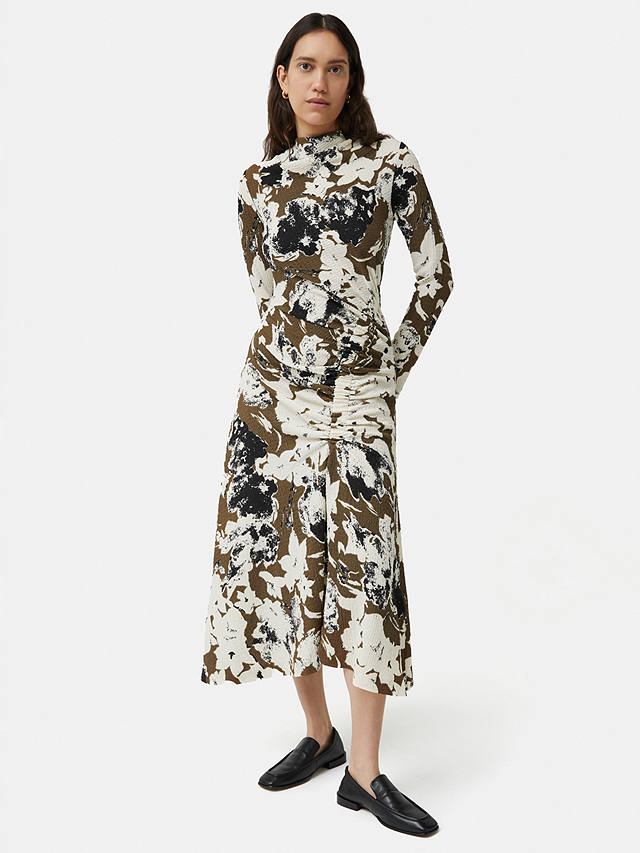 Jigsaw Floral Ruched Midi Dress, Khaki