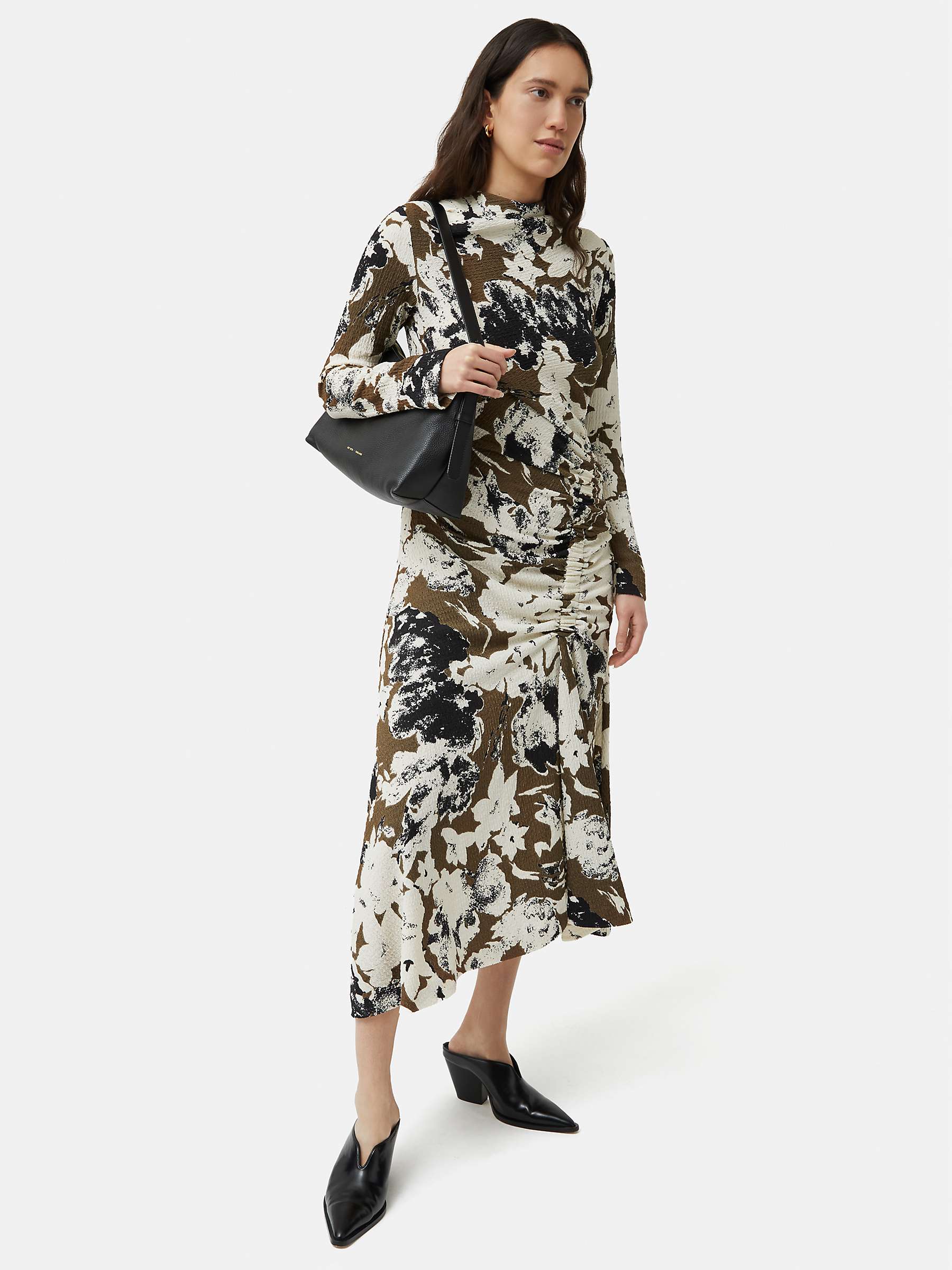 Buy Jigsaw Floral Ruched Midi Dress, Khaki Online at johnlewis.com