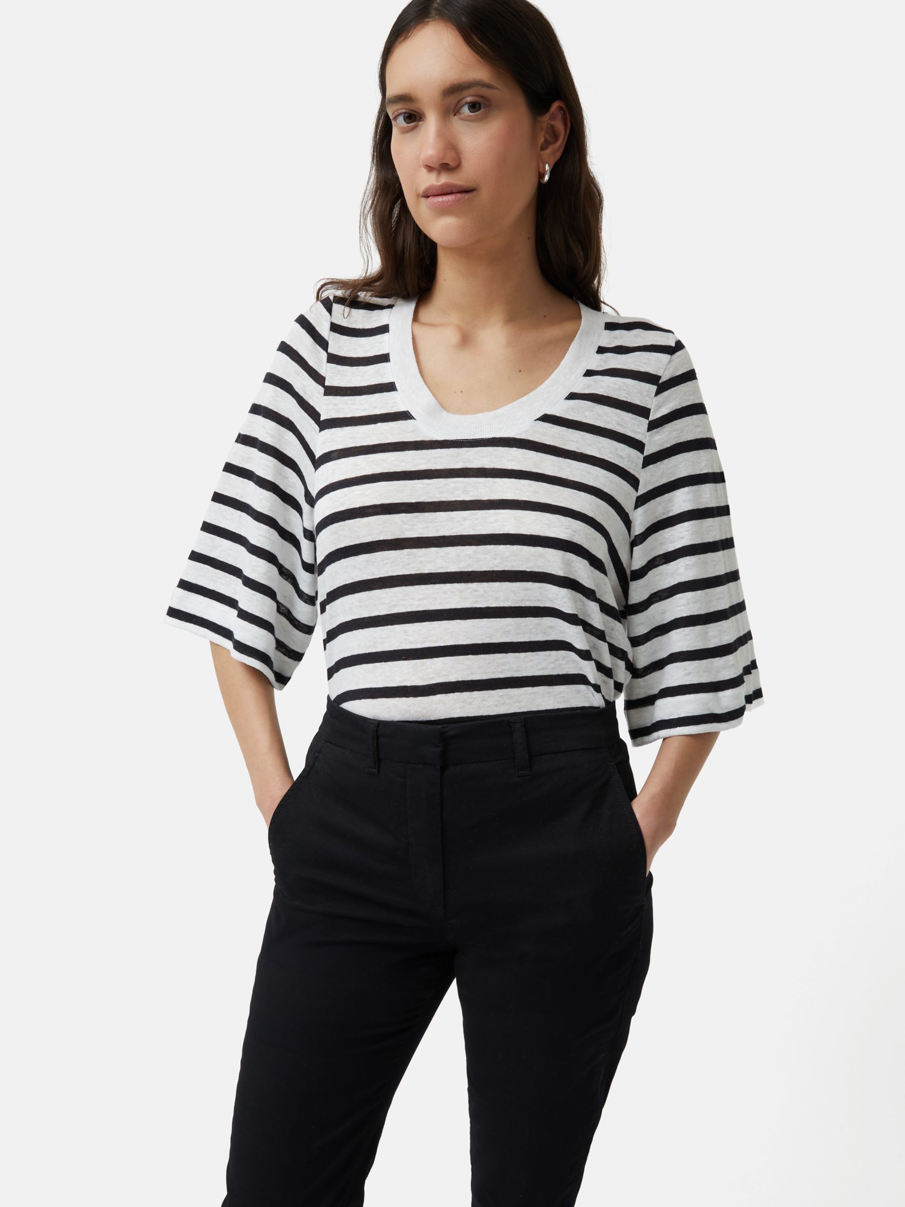 Jigsaw Linen Blythe Stripe T-shirt, Navy/White, XS