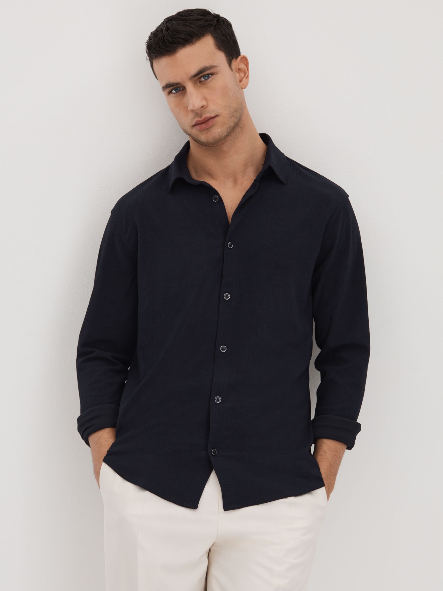 Reiss Corsica Long Sleeve Textured Shirt, Navy, S