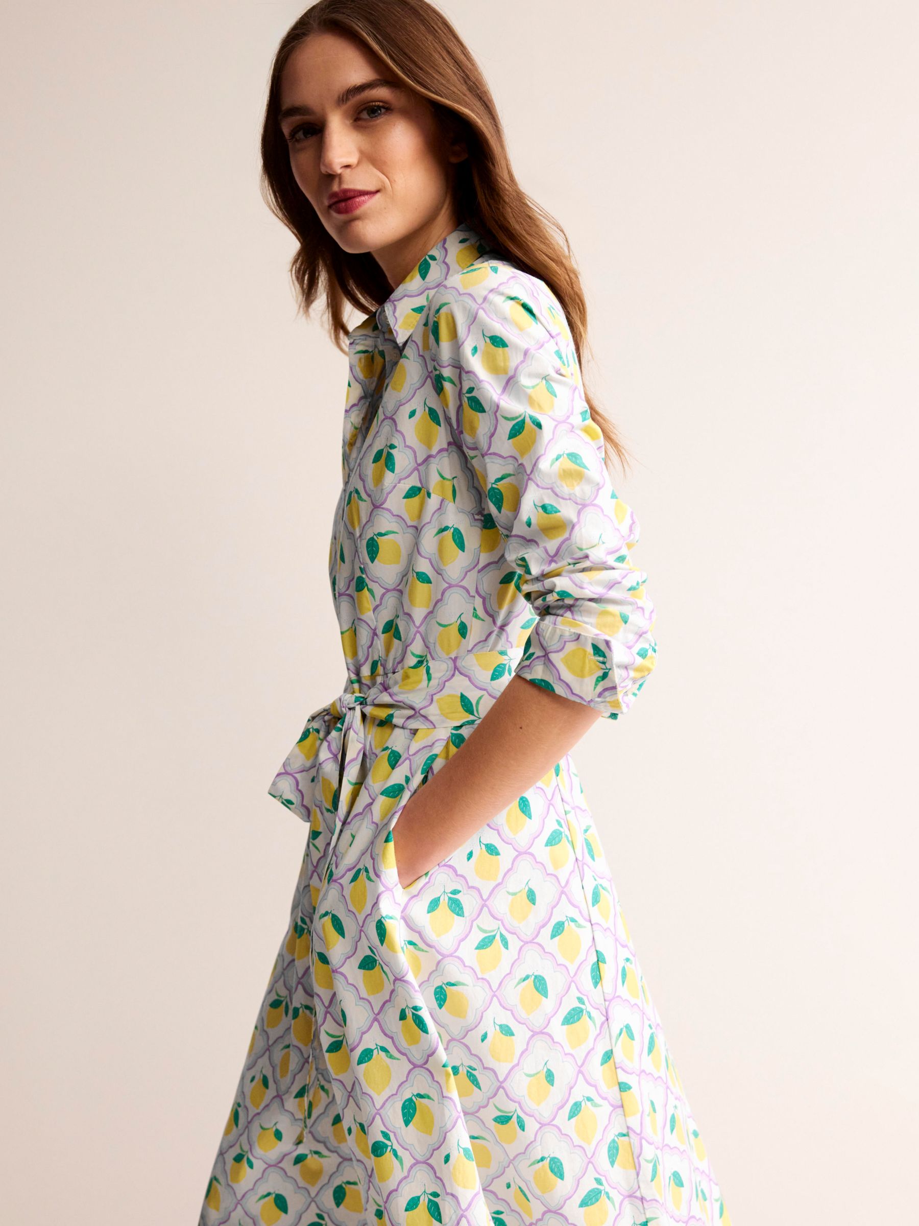 Boden Amy Lemon Grove Print Midi Cotton Shirt Dress, Lavender/Multi, 14