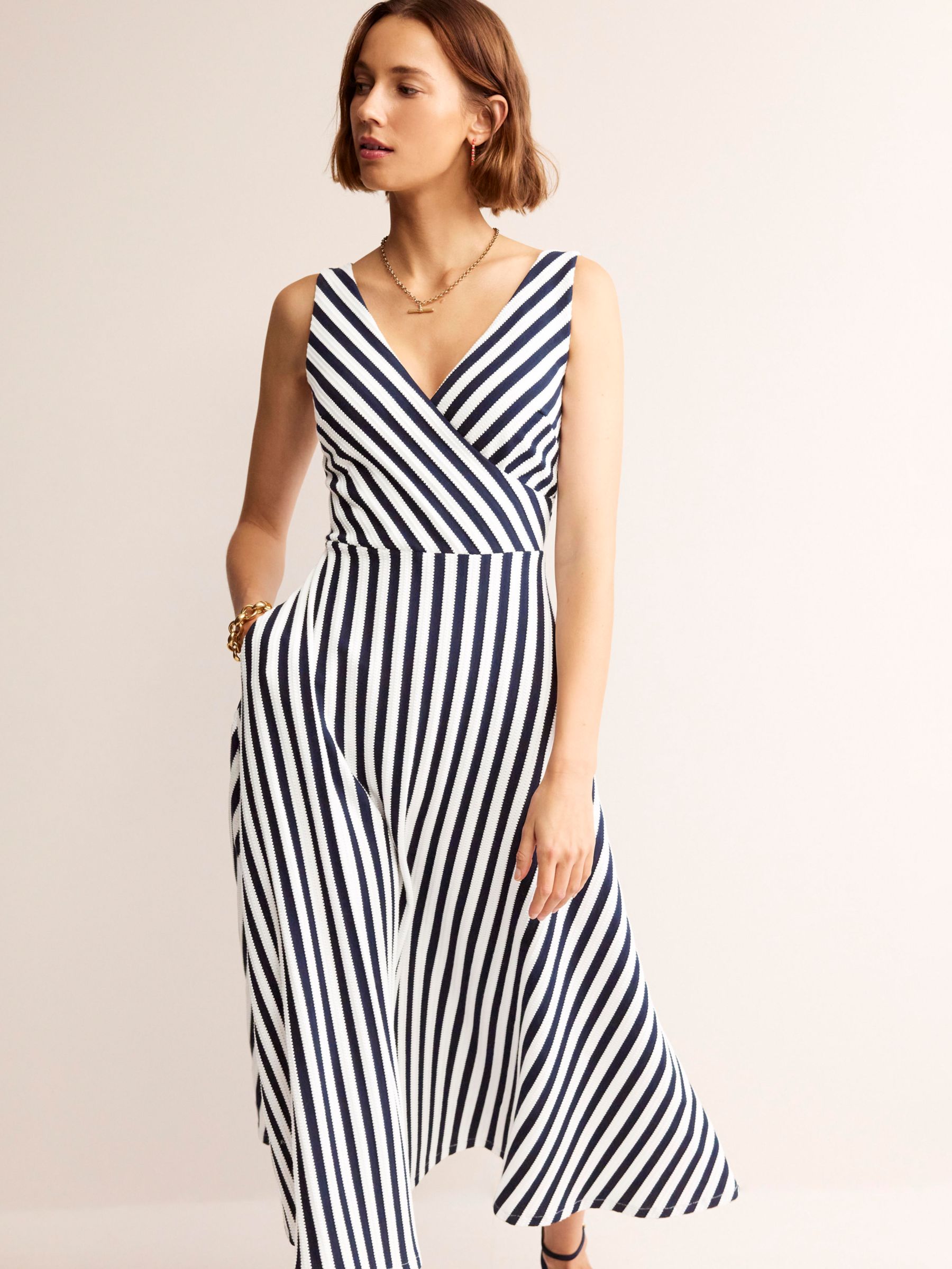 Boden Stripe Jersey Wrap Neck Midi Dress, Navy/Ivory, 12