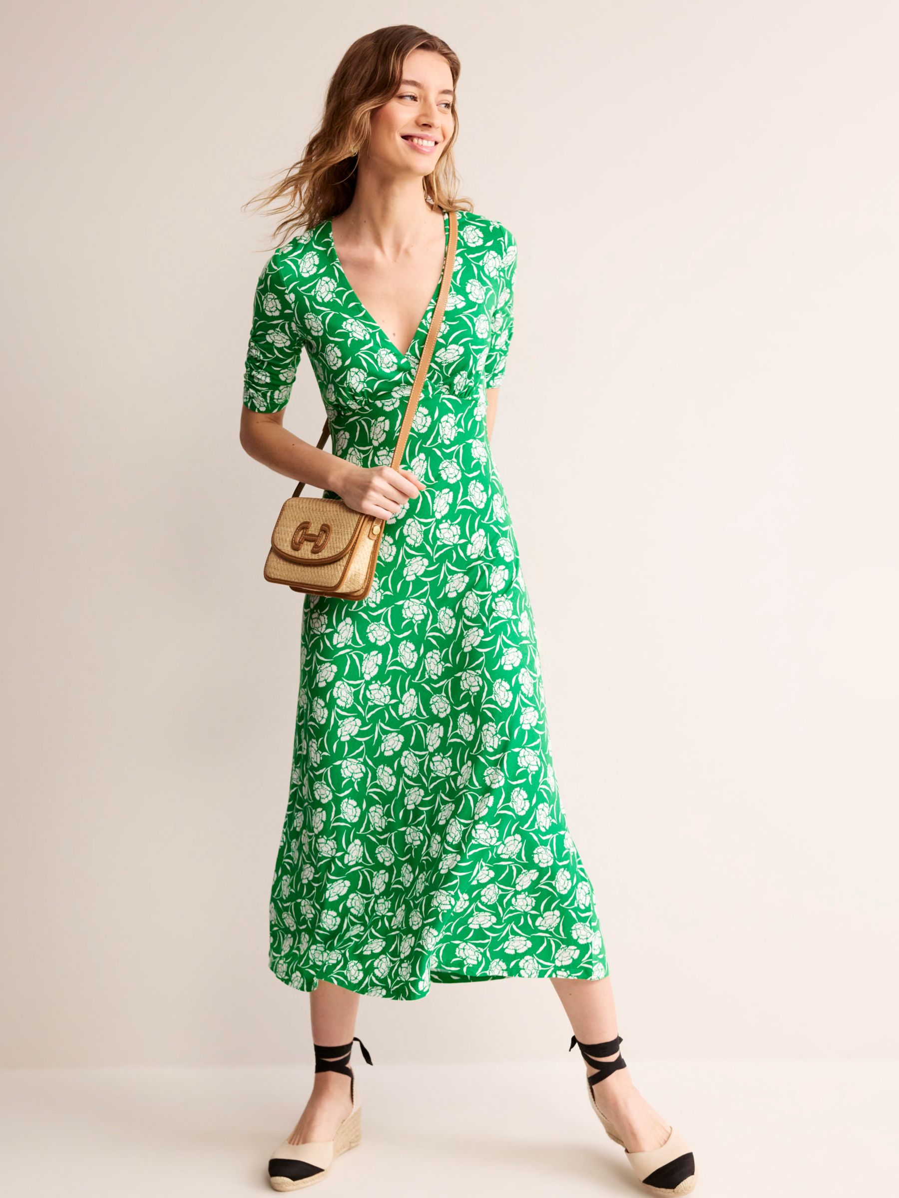 Boden Rebecca Peony Sprig Midi Jersey Dress, Green, 14