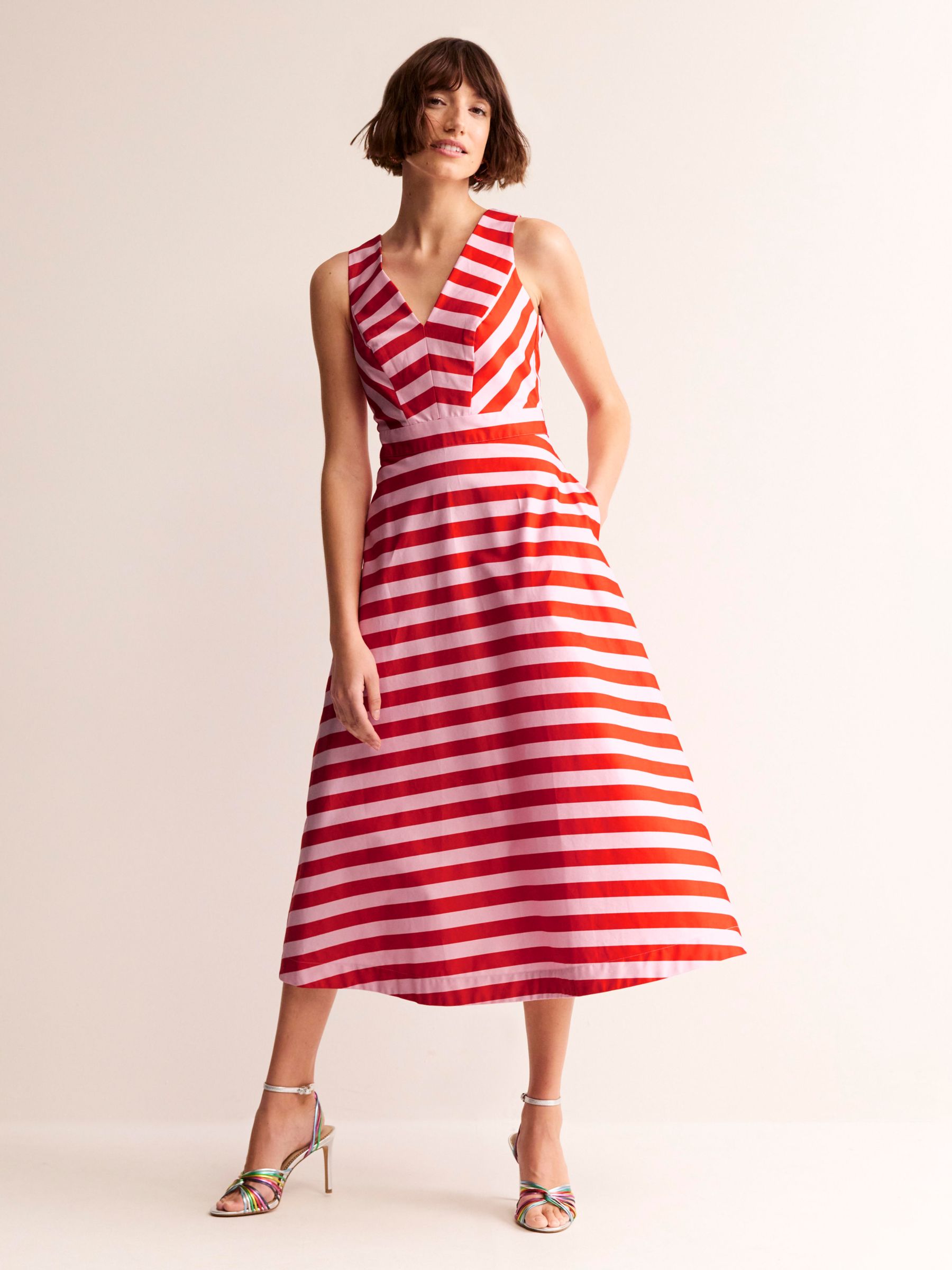 Boden Panelled Bodice Stripe Midi Dress, Fiesta/Orchid Pink, 12