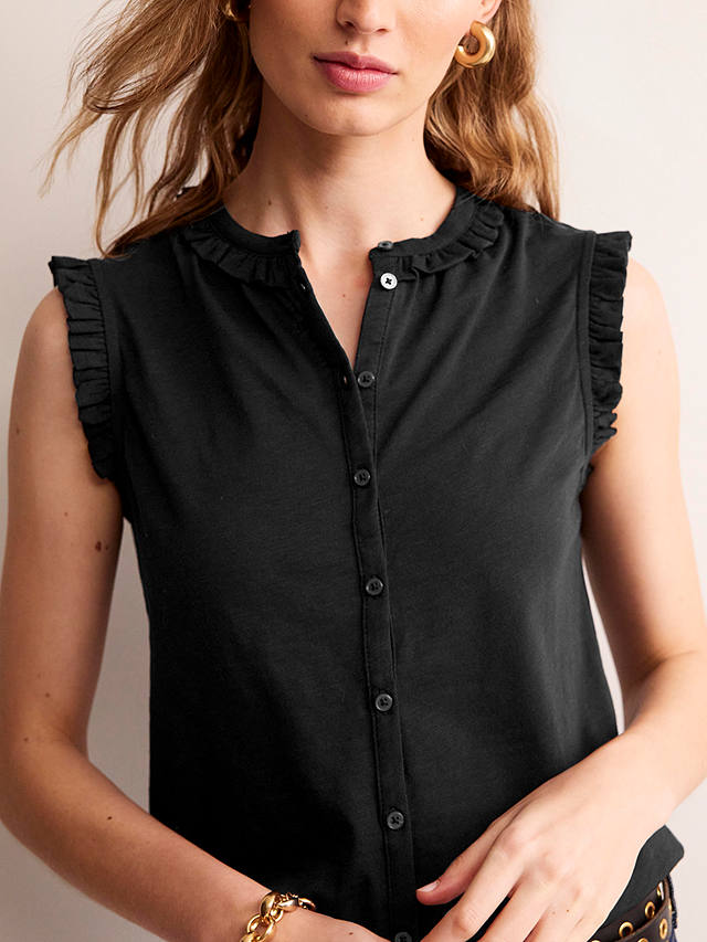 Boden Olive Sleeveless Frill Detail Button Front Top, Black