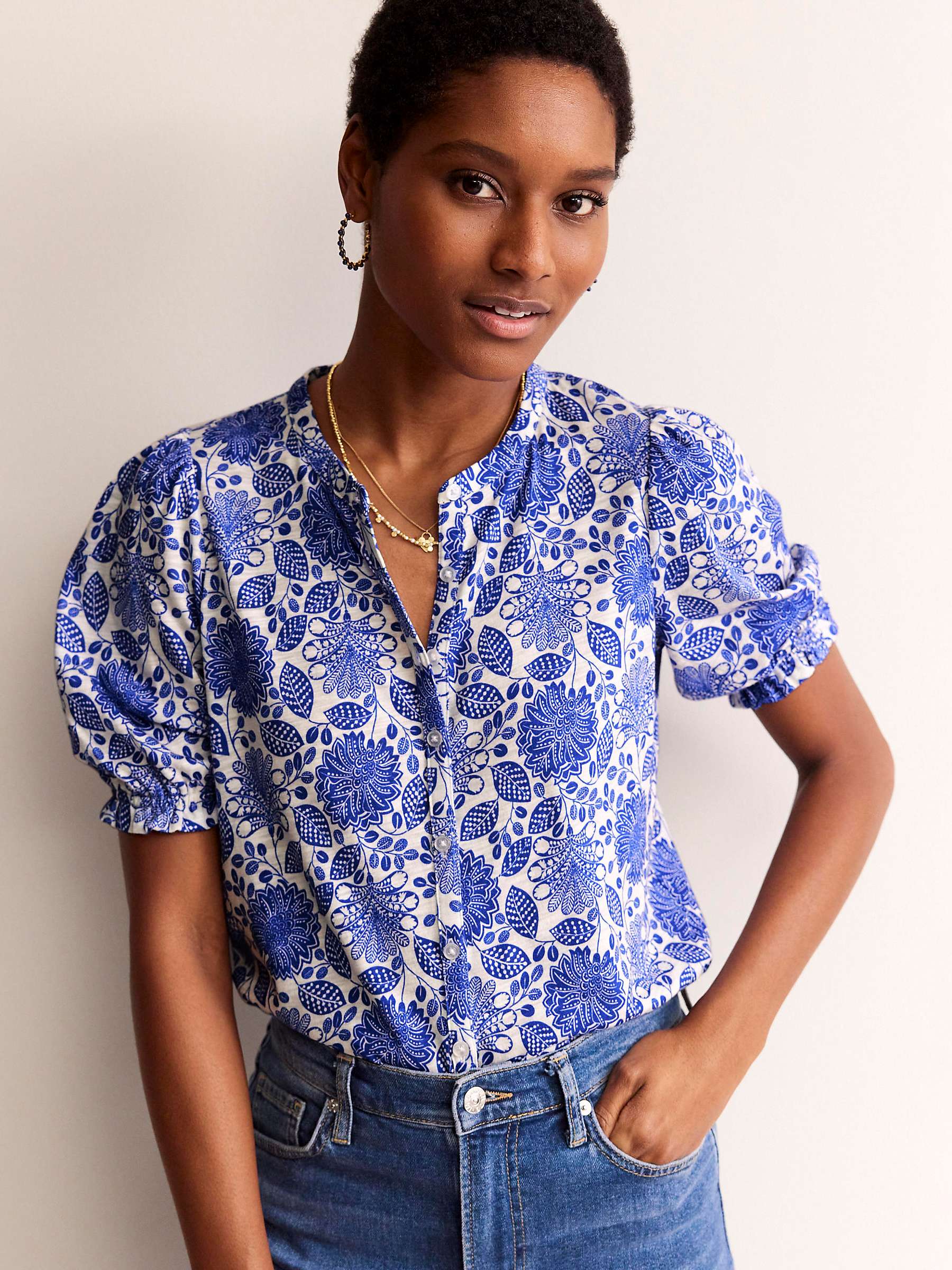 Buy Boden Dolly Botanical Print Puff Sleeve Jersey Top, Blue/Ivory Online at johnlewis.com