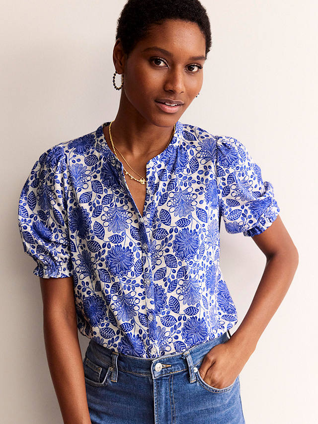 Boden Dolly Botanical Print Puff Sleeve Jersey Top, Blue/Ivory
