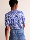 Boden Dolly Botanical Print Puff Sleeve Jersey Top, Blue/Ivory