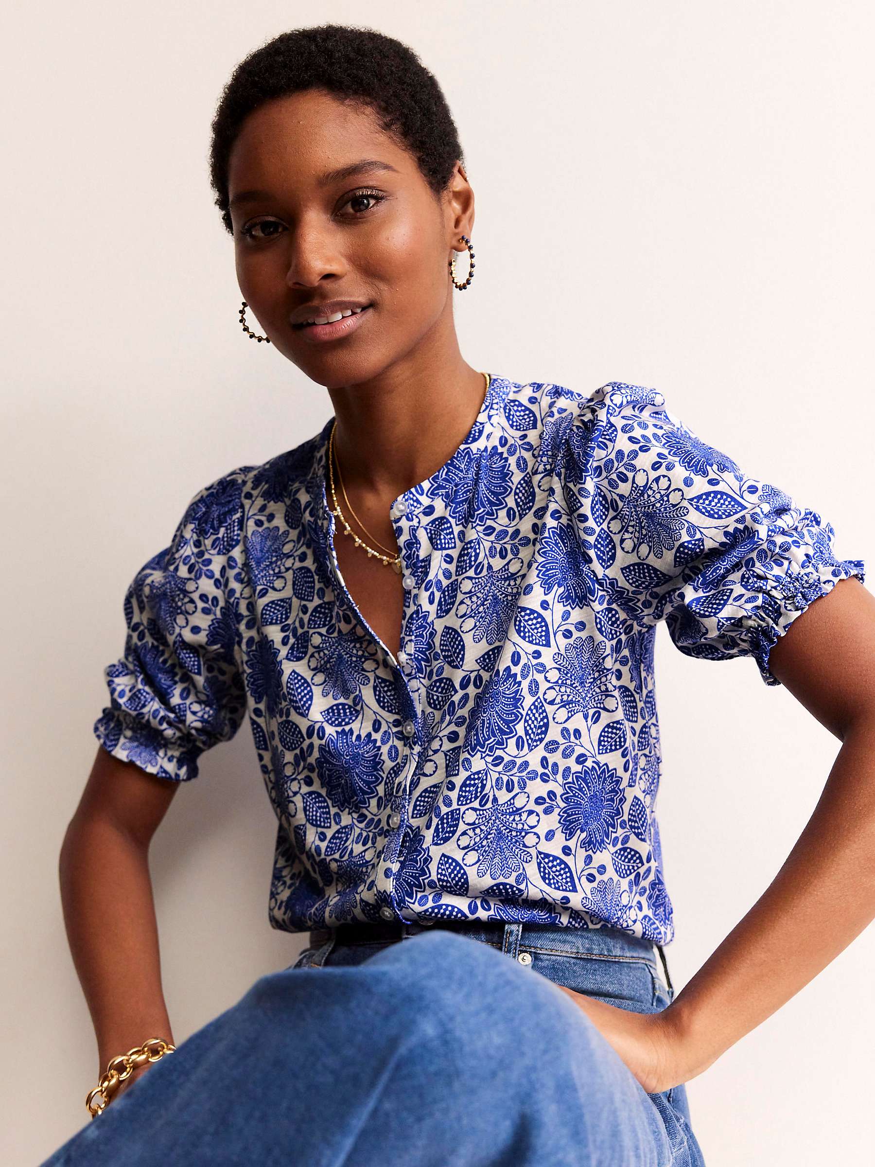 Buy Boden Dolly Botanical Print Puff Sleeve Jersey Top, Blue/Ivory Online at johnlewis.com
