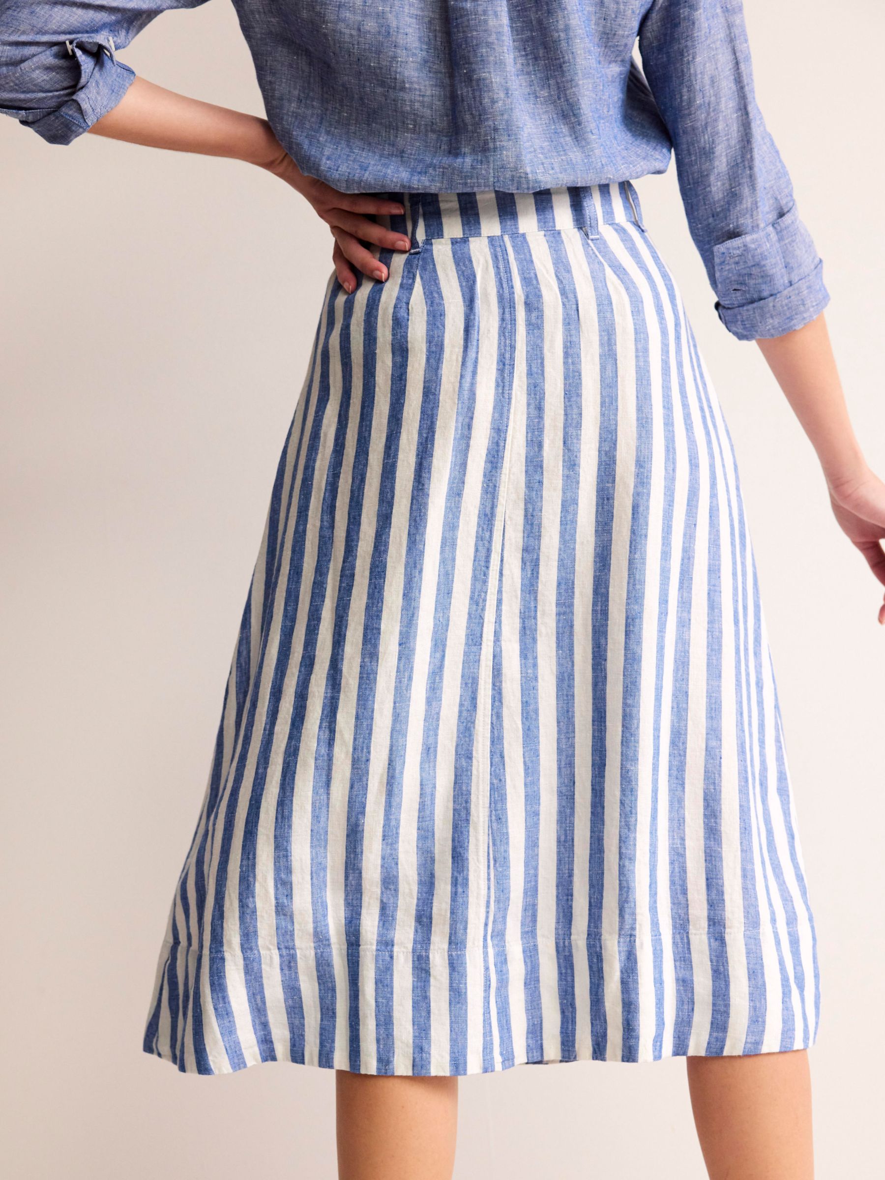 Boden Petra Button Front Stripe Midi Linen Skirt, Cobalt/White, 12