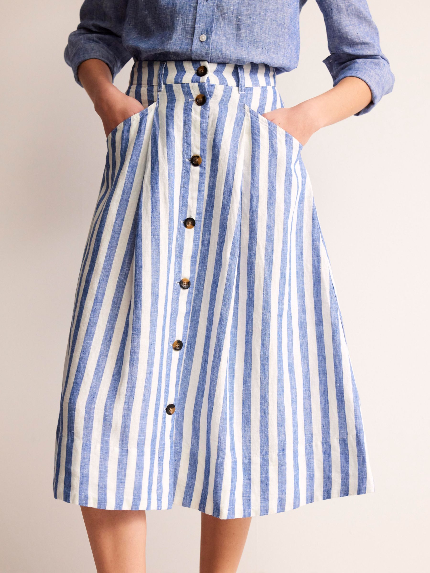 Boden Petra Button Front Stripe Midi Linen Skirt, Cobalt/White, 12