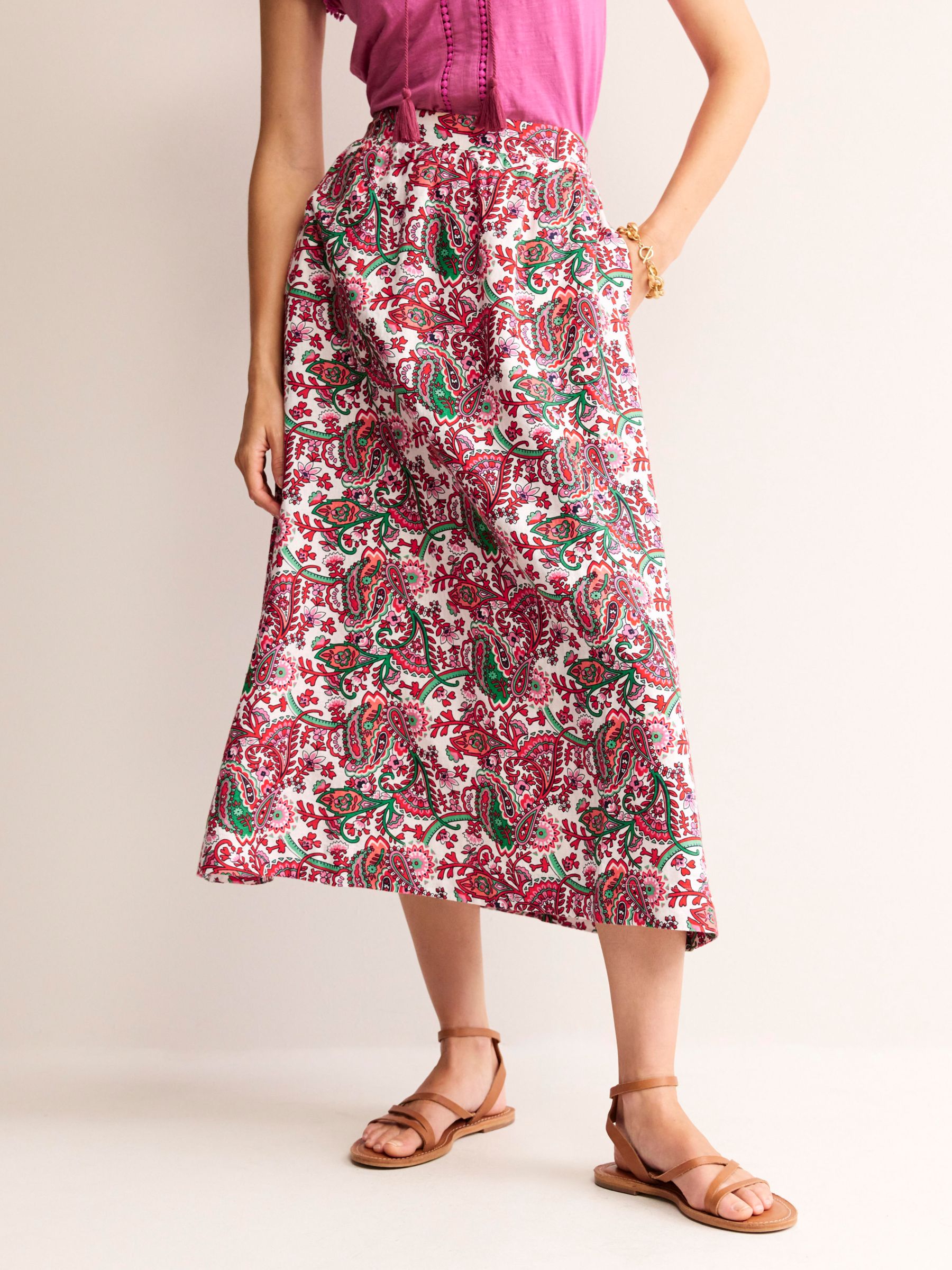 Buy Boden Florence Botanical Print Linen Midi Skirt, Ivory/Multi Online at johnlewis.com