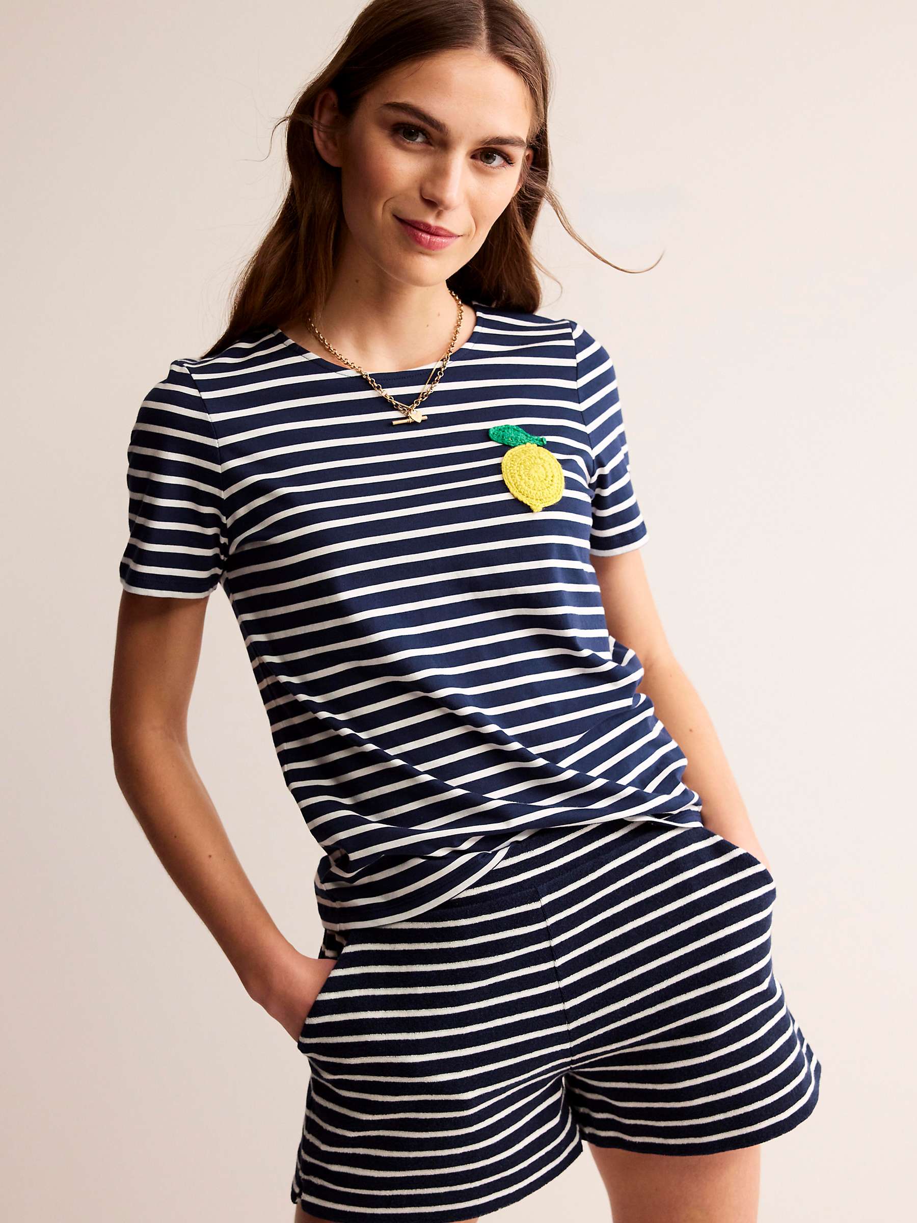 Buy Boden Crochet Lemon Striped T-shirt, Navy/Multi Online at johnlewis.com