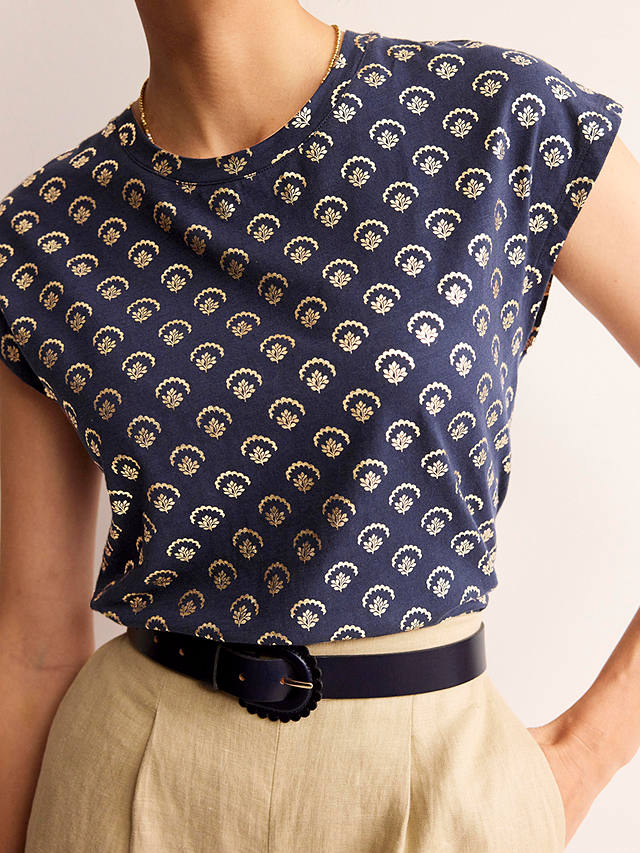 Boden Louisa Slub T-Shirt, Navy/Ditsy Vine Foil