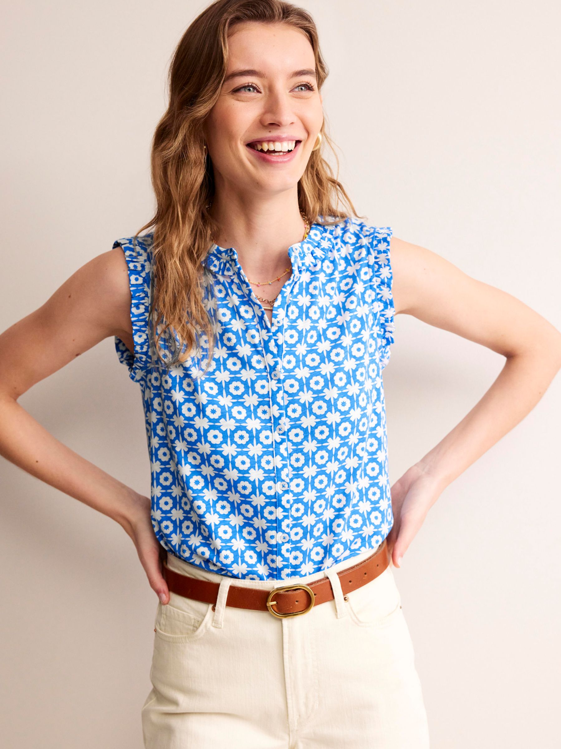 Buy Boden Olive Blossom Tile Print Sleeveless Blouse, Blue/White Online at johnlewis.com