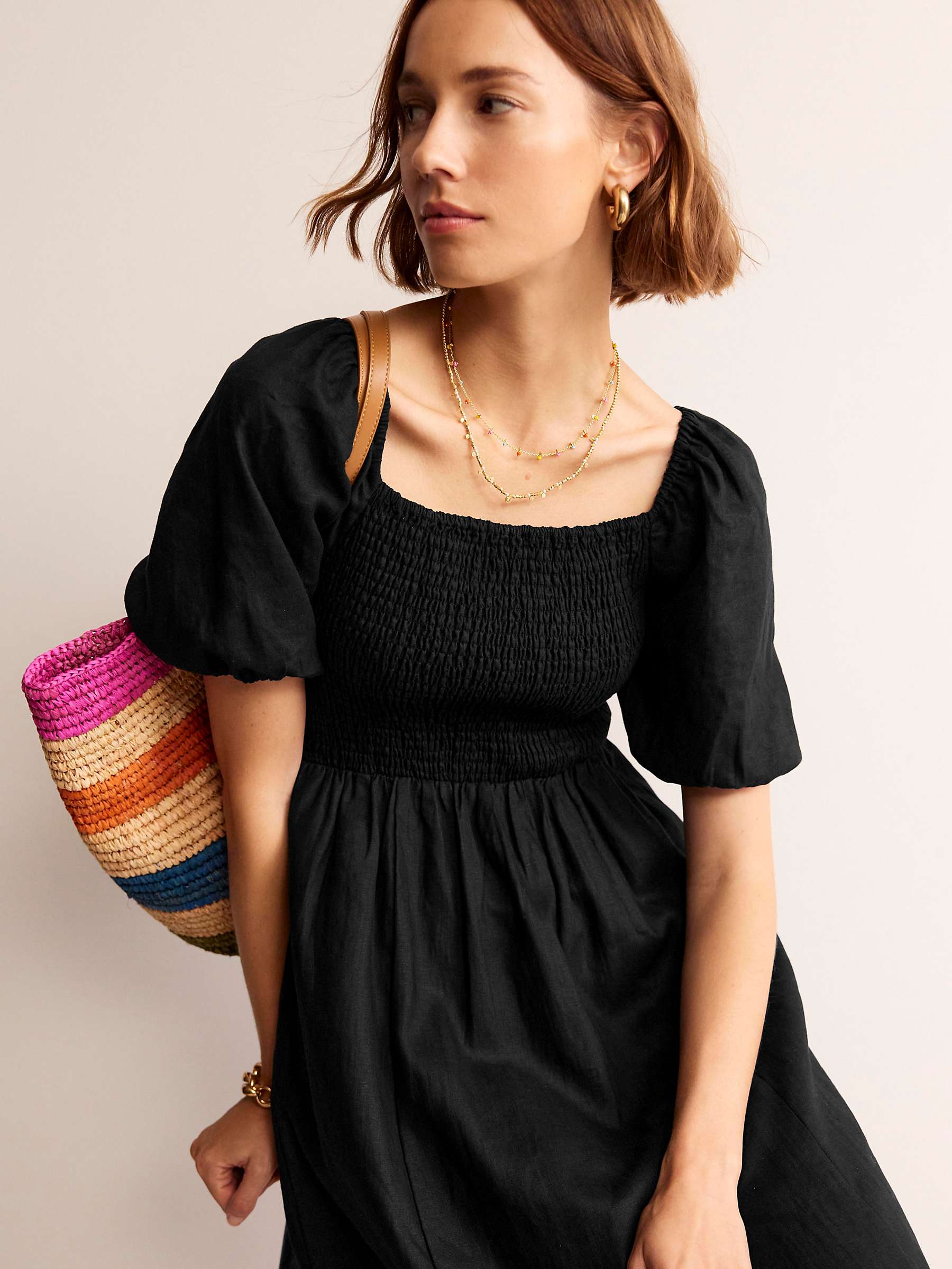 Buy Boden Sky Smocked Linen Midi Dress, Black Online at johnlewis.com