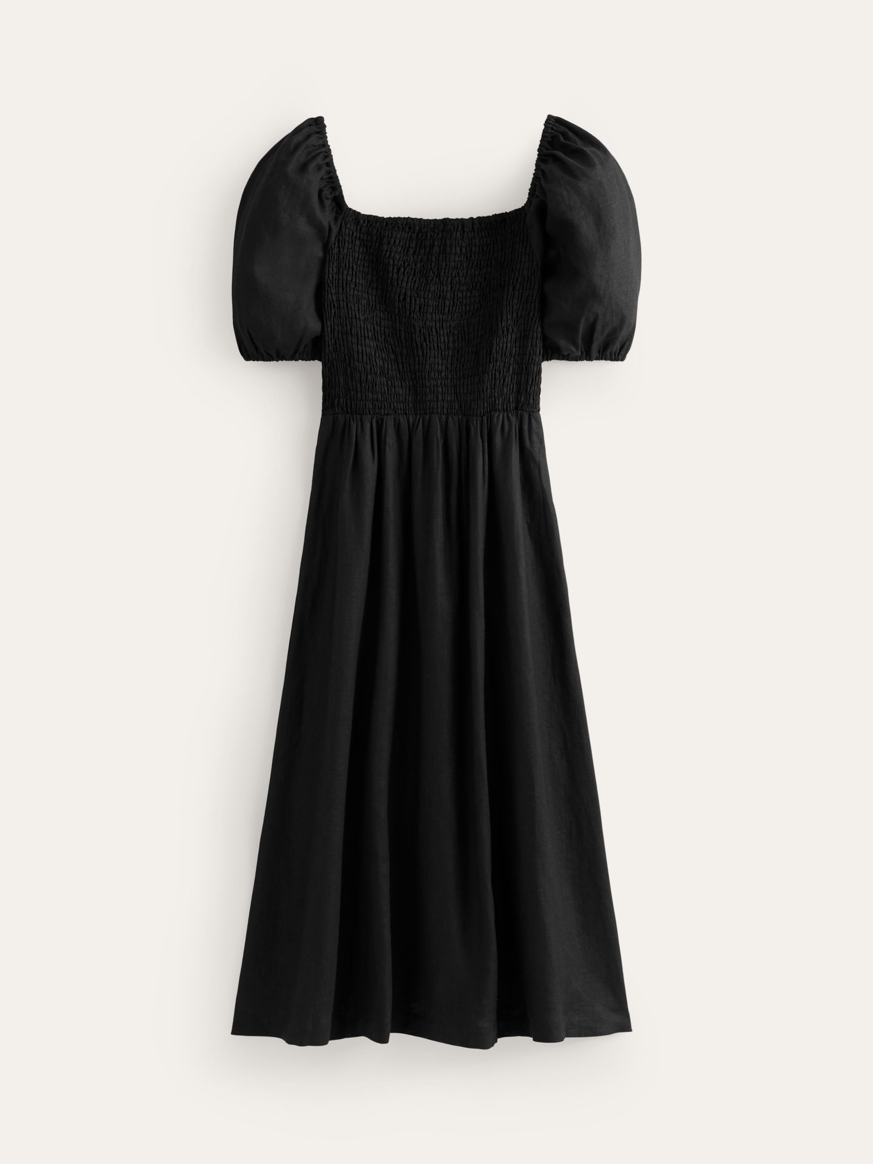 Boden Sky Smocked Linen Midi Dress, Black, 14