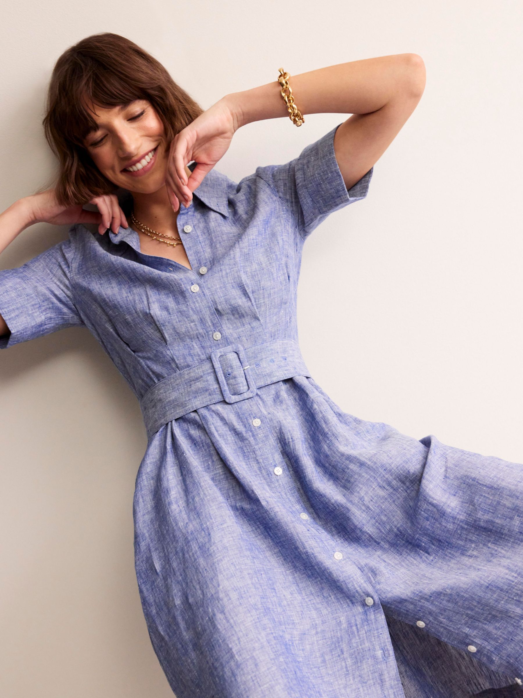 Boden Louise Linen Midi Shirt Dress, Blue Chambray at John Lewis & Partners