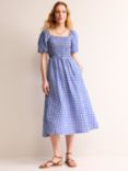 Boden Sky Smocked Linen Midi Dress, Blue Gingham, Blue Gingham