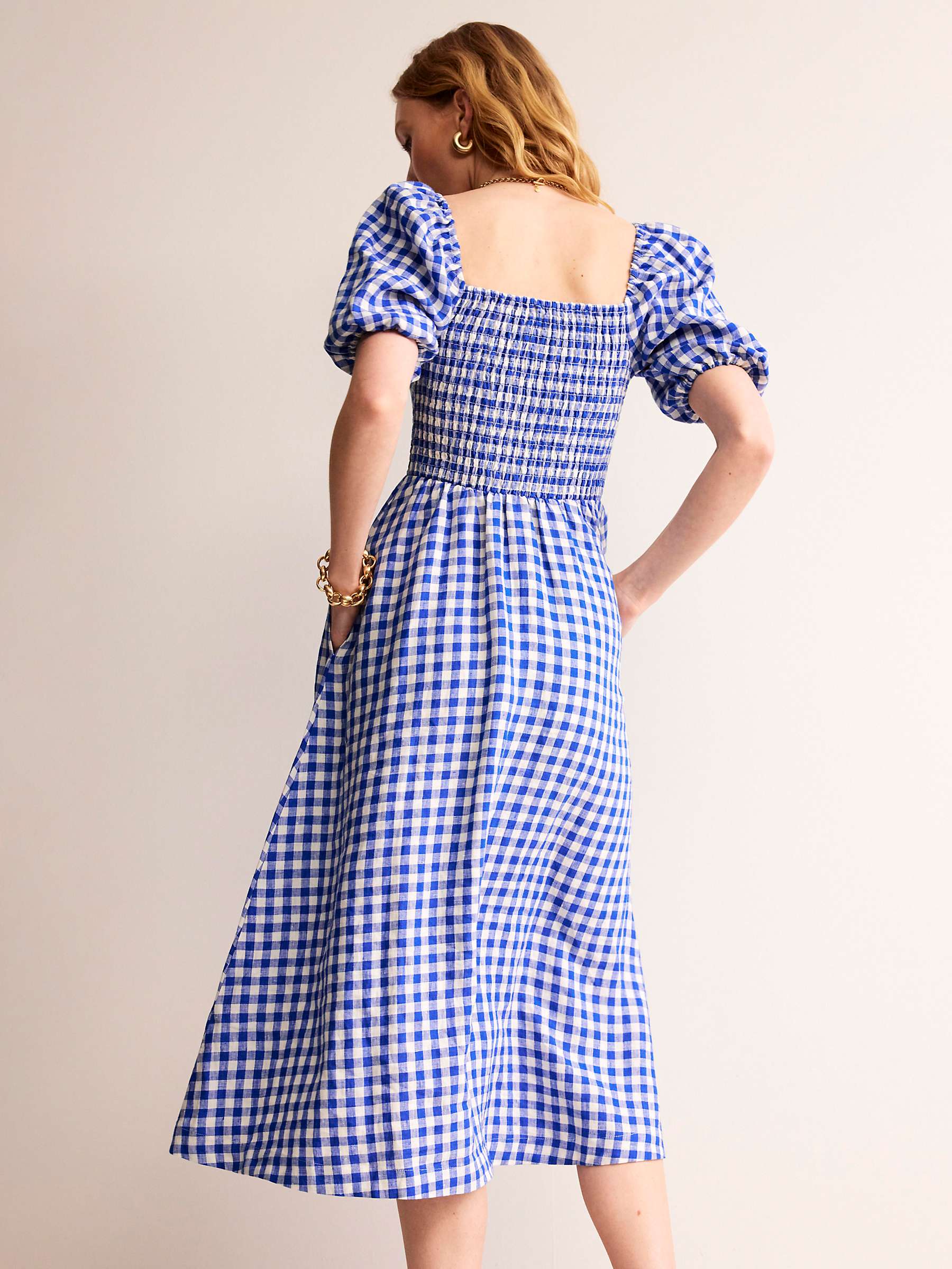 Buy Boden Sky Smocked Linen Midi Dress, Blue Gingham Online at johnlewis.com