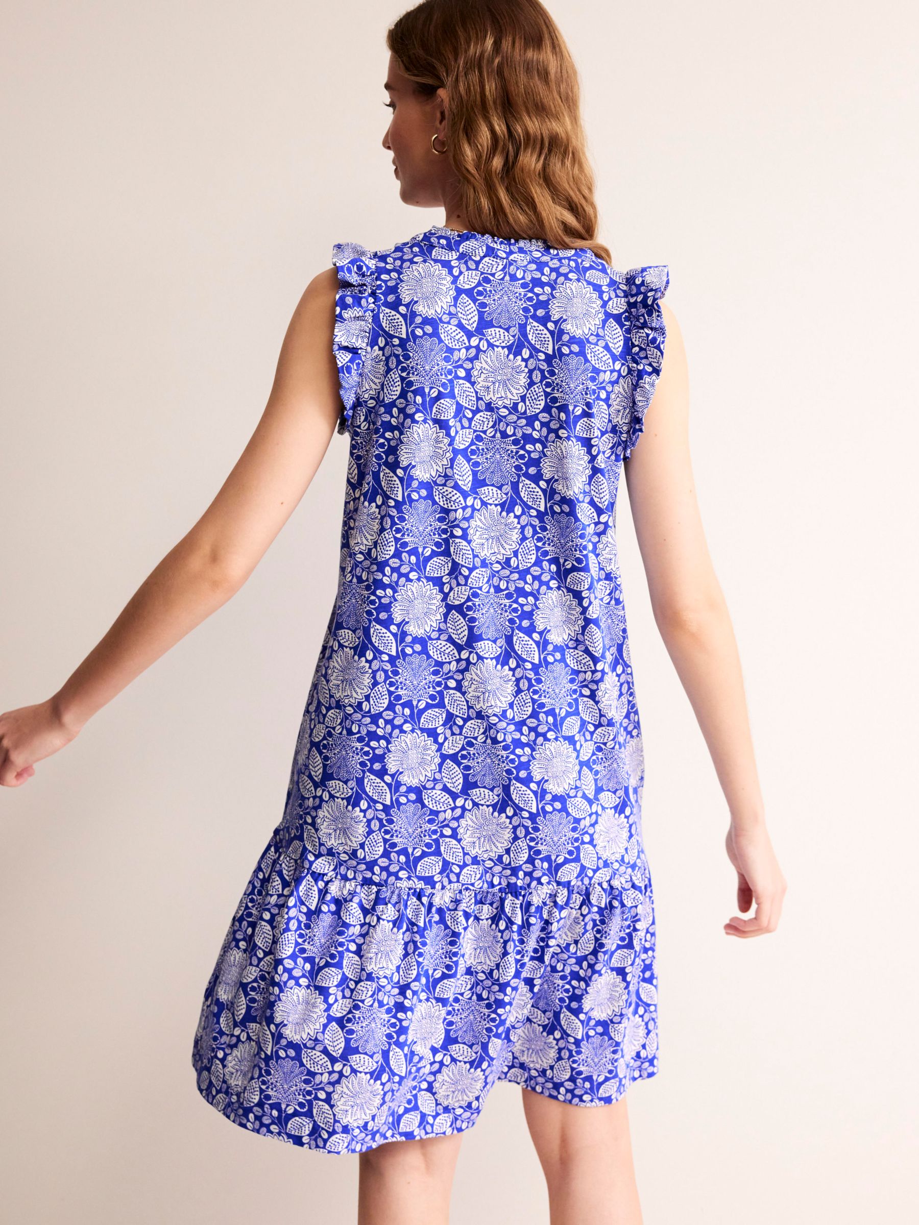 Boden Daisy Botanical Print Jersey Dress, Blue/White, 14