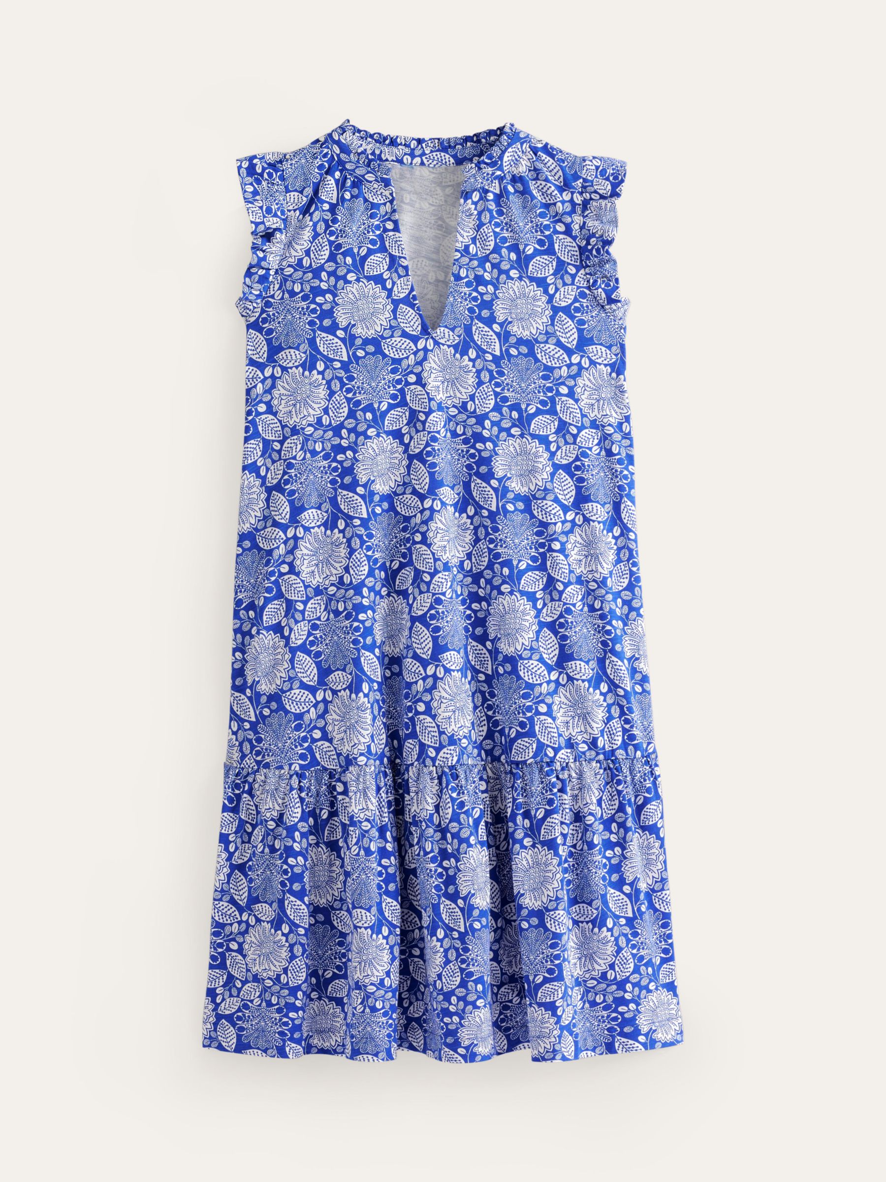 Boden Daisy Botanical Print Jersey Dress, Blue/White, 14