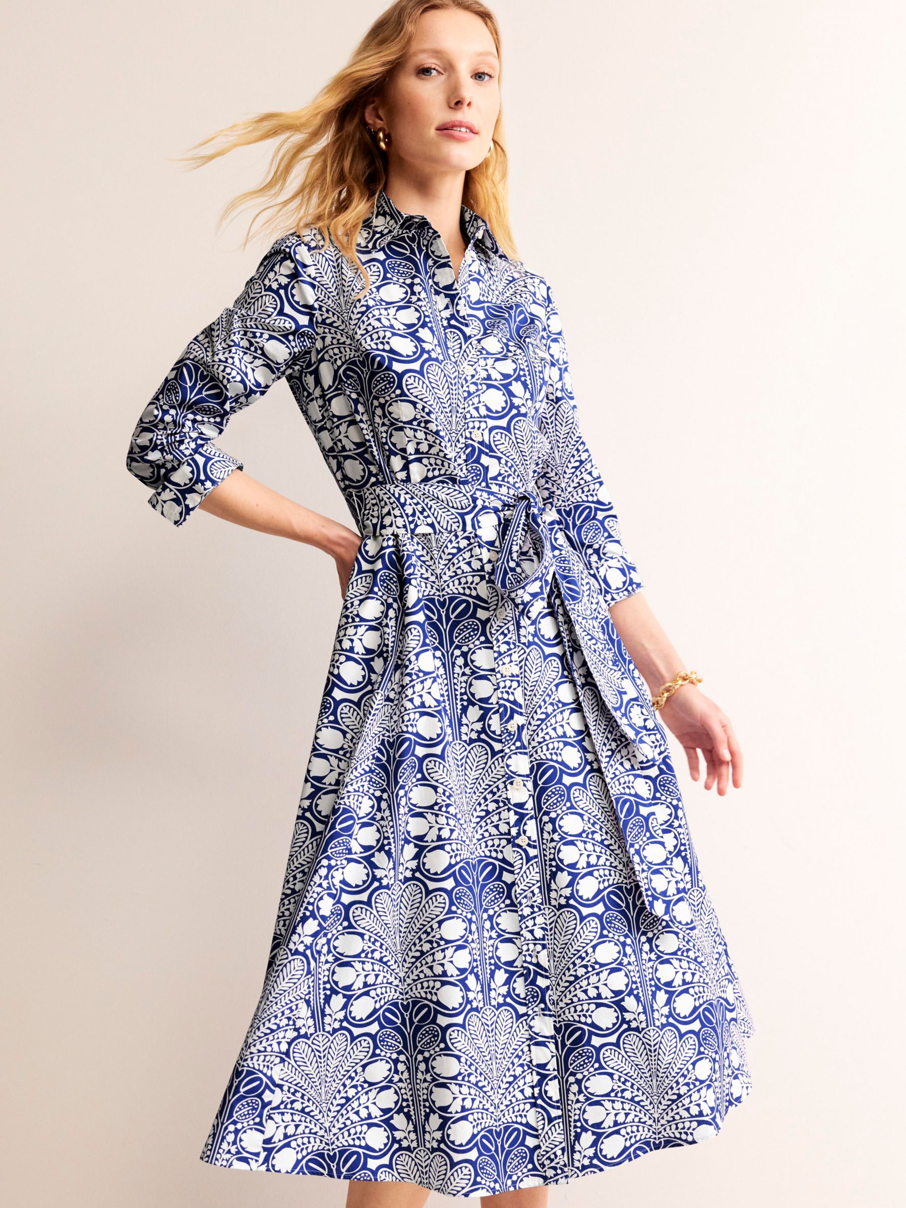 Boden Amy Floral Midi Cotton Shirt Dress, Blue/White, 8