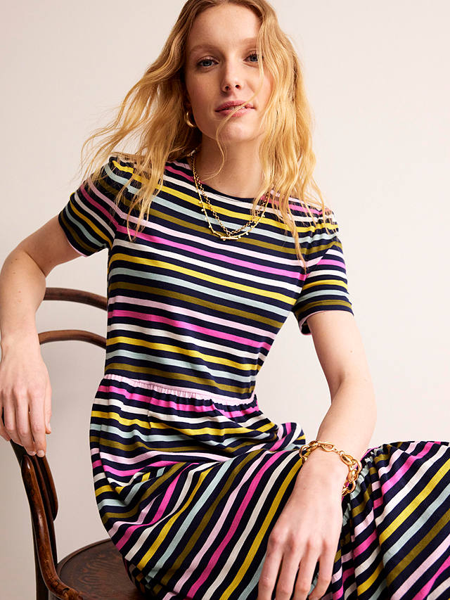 Boden Emma Tiered Jersey Midi Dress, Navy/Yellow Stripe