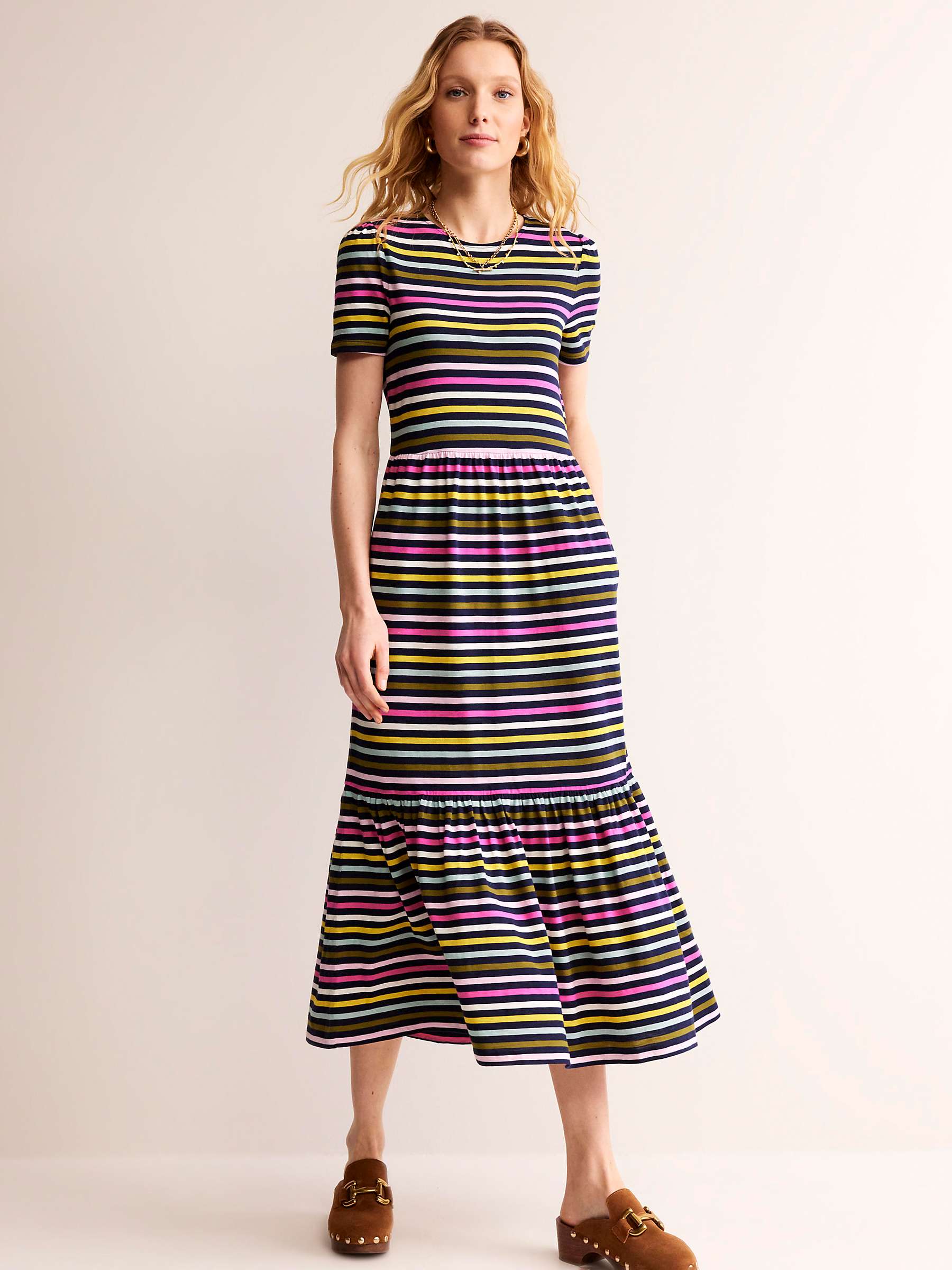 Buy Boden Emma Tiered Jersey Midi Dress, Navy/Yellow Stripe Online at johnlewis.com