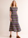 Boden Emma Tiered Jersey Midi Dress, Navy/Yellow Stripe