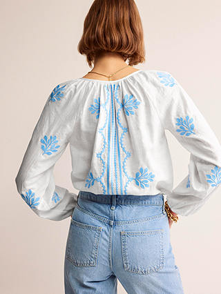 Boden Serena Embroidered Blouse, White/Blue