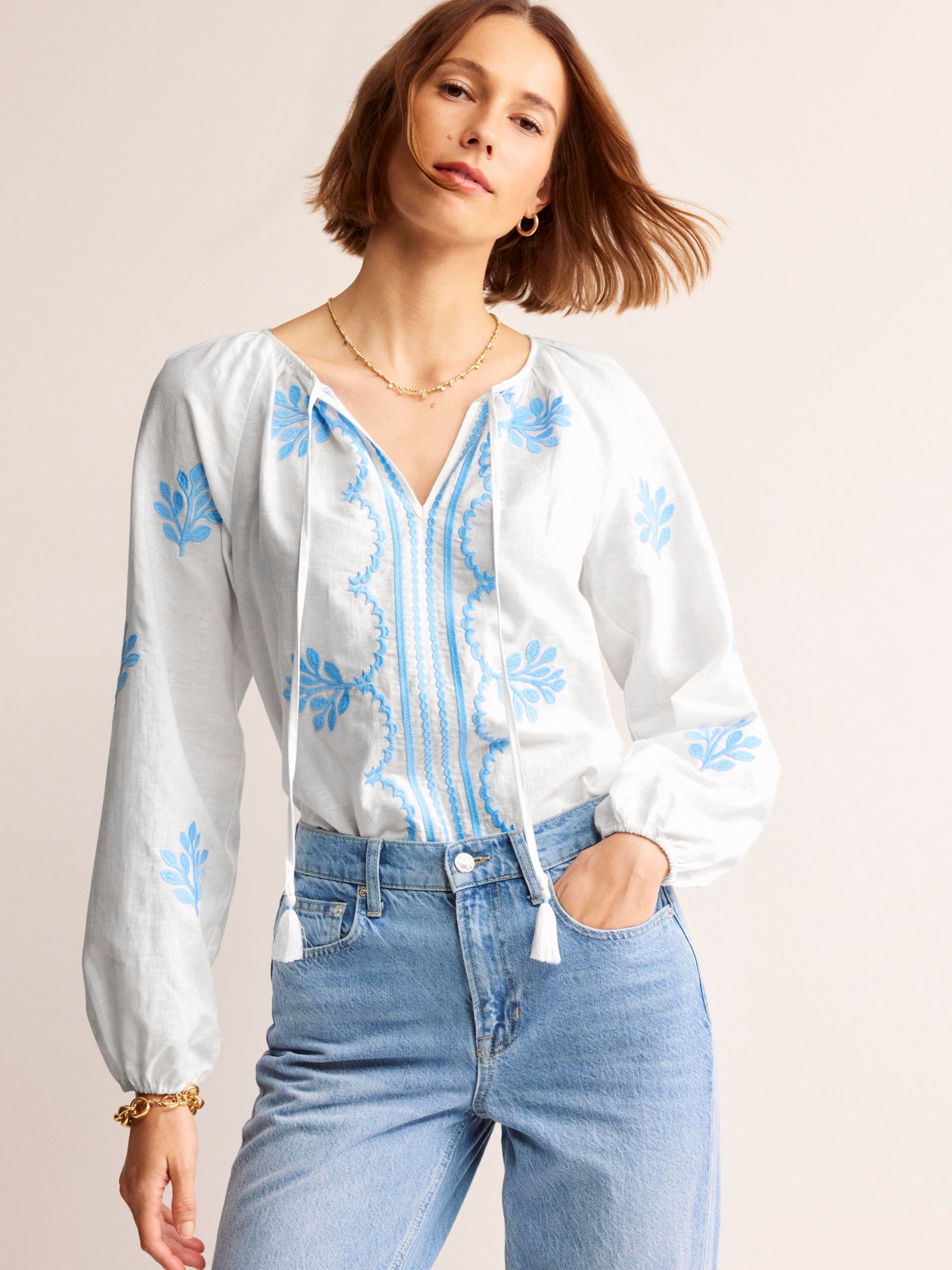 Boden Serena Embroidered Blouse, White/Blue at John Lewis & Partners