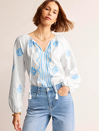 Boden Serena Embroidered Blouse, White/Blue