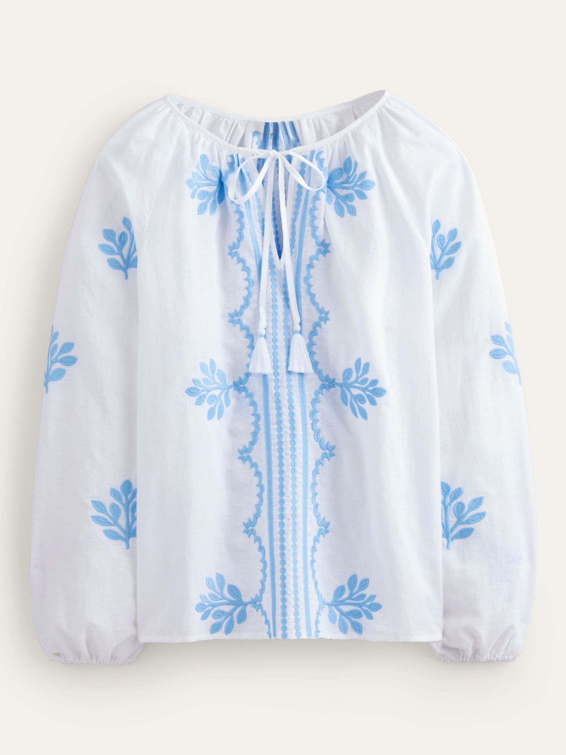 Boden Serena Embroidered Blouse, White/Blue, 16