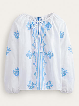 Boden Serena Embroidered Blouse, White/Blue