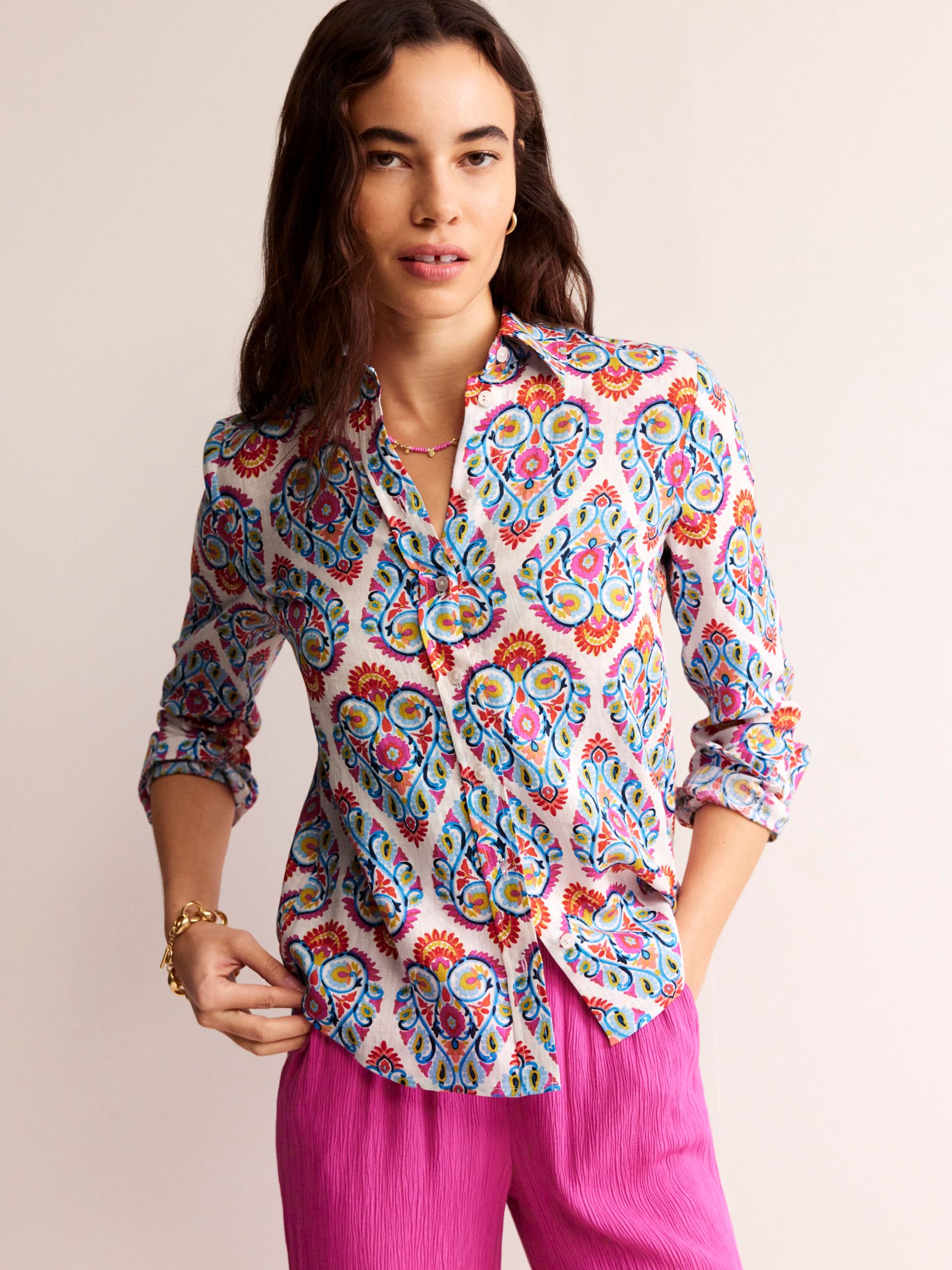 Boden Sienna Linen Shirt, Multi/Flora Stamp at John Lewis & Partners
