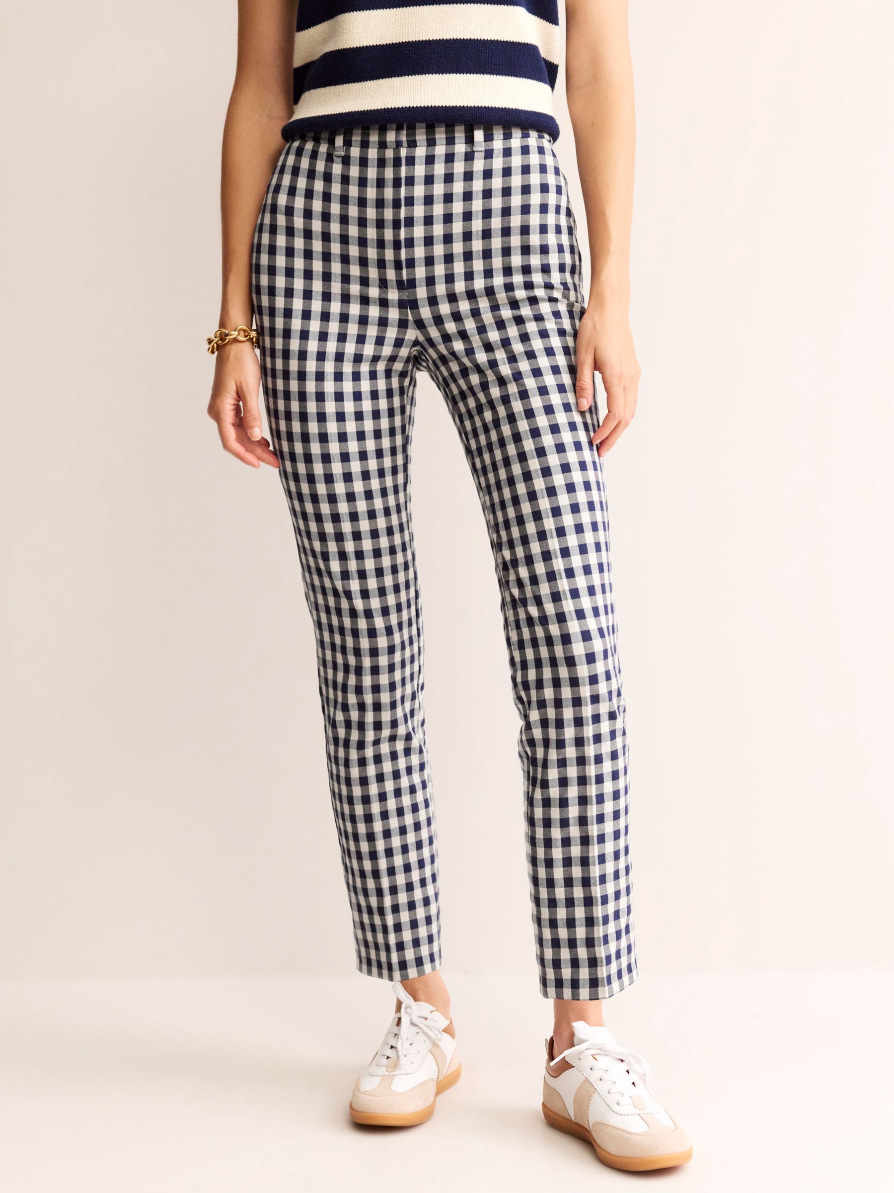 Boden Highgate Slim Fit Trousers, Navy/Stone Gingham