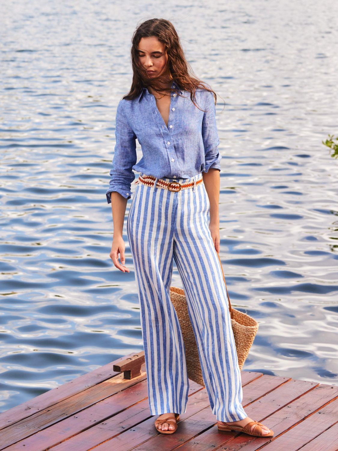 Buy Boden Westbourne Linen Trousers, Blue/White Online at johnlewis.com