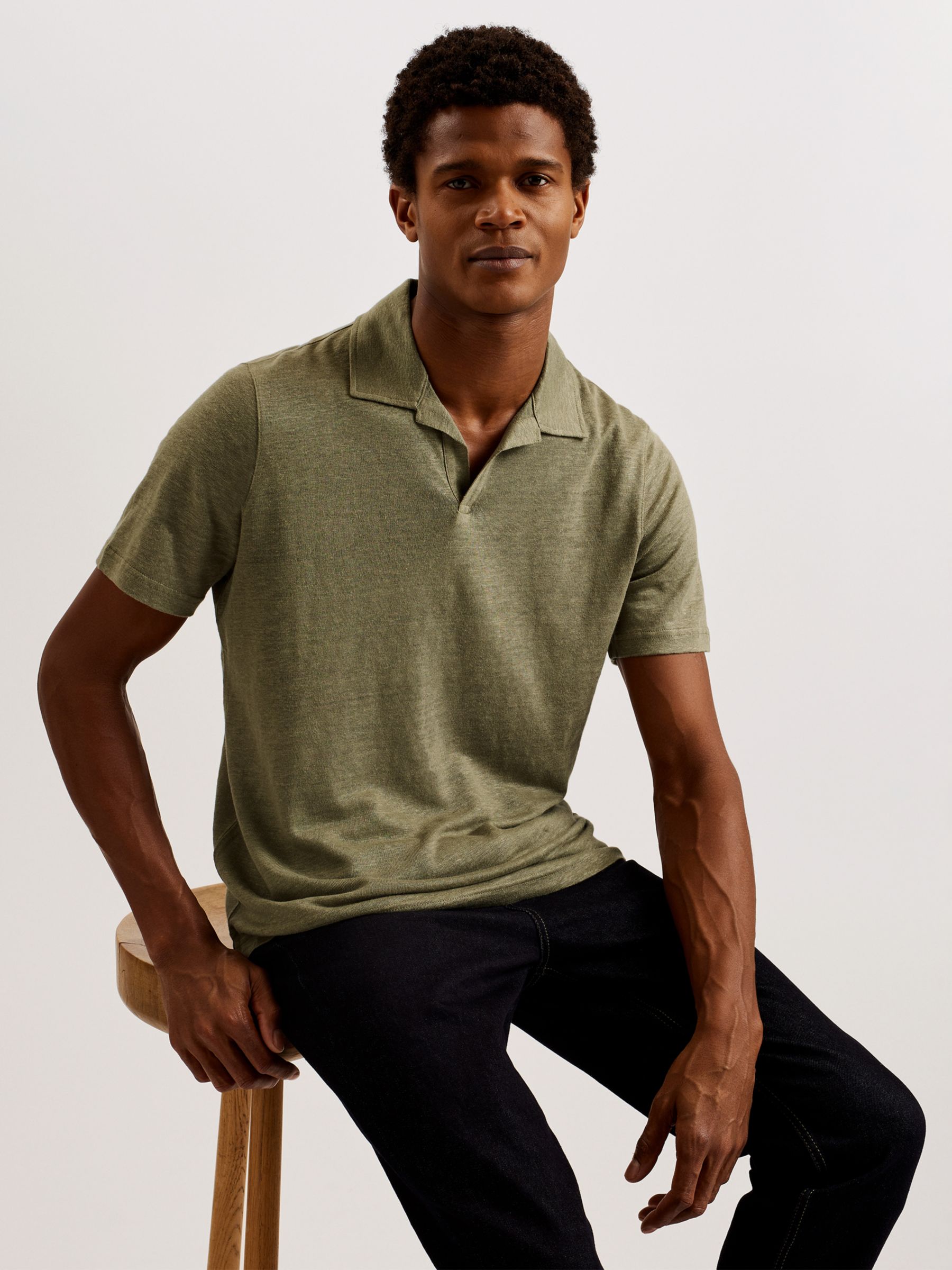 Ted Baker Flinpo Short Sleeve Regular Linen Polo Shirt, Olive, L