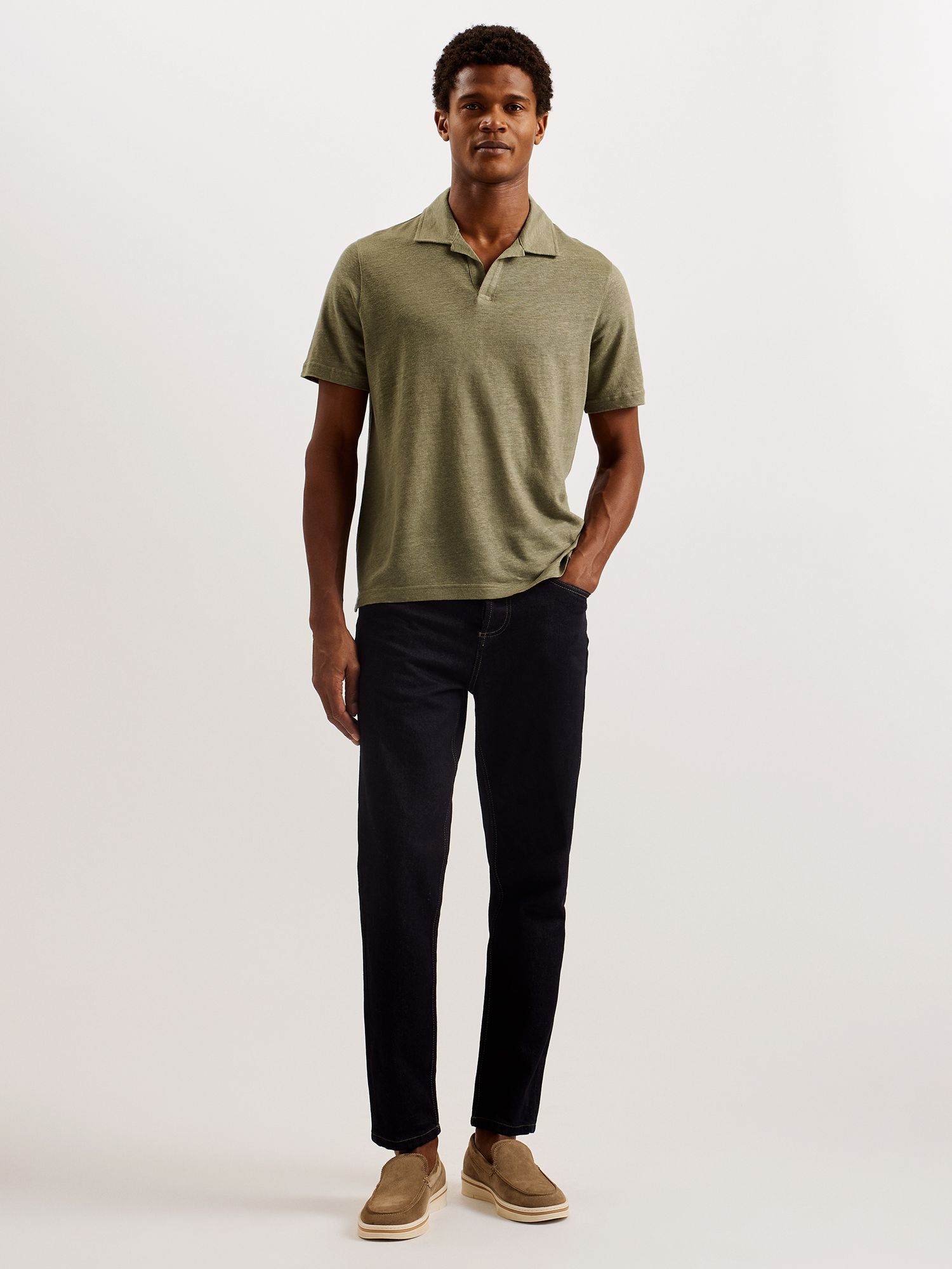 Ted Baker Flinpo Short Sleeve Regular Linen Polo Shirt, Olive, M