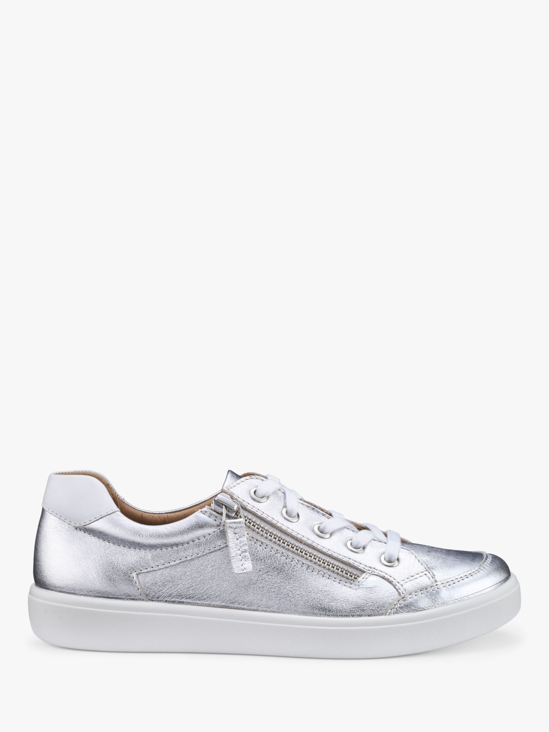 Hotter Chase II Extra Wide Fit Leather Zip and Go Trainers, Silver at ...