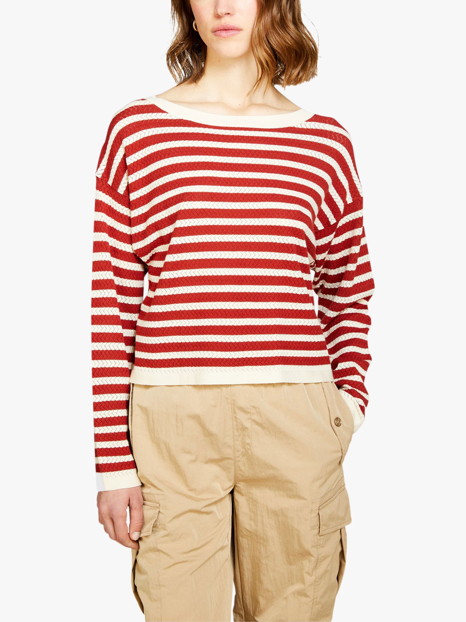 SISLEY Striped Boat Neck Jumper, Red/White, S