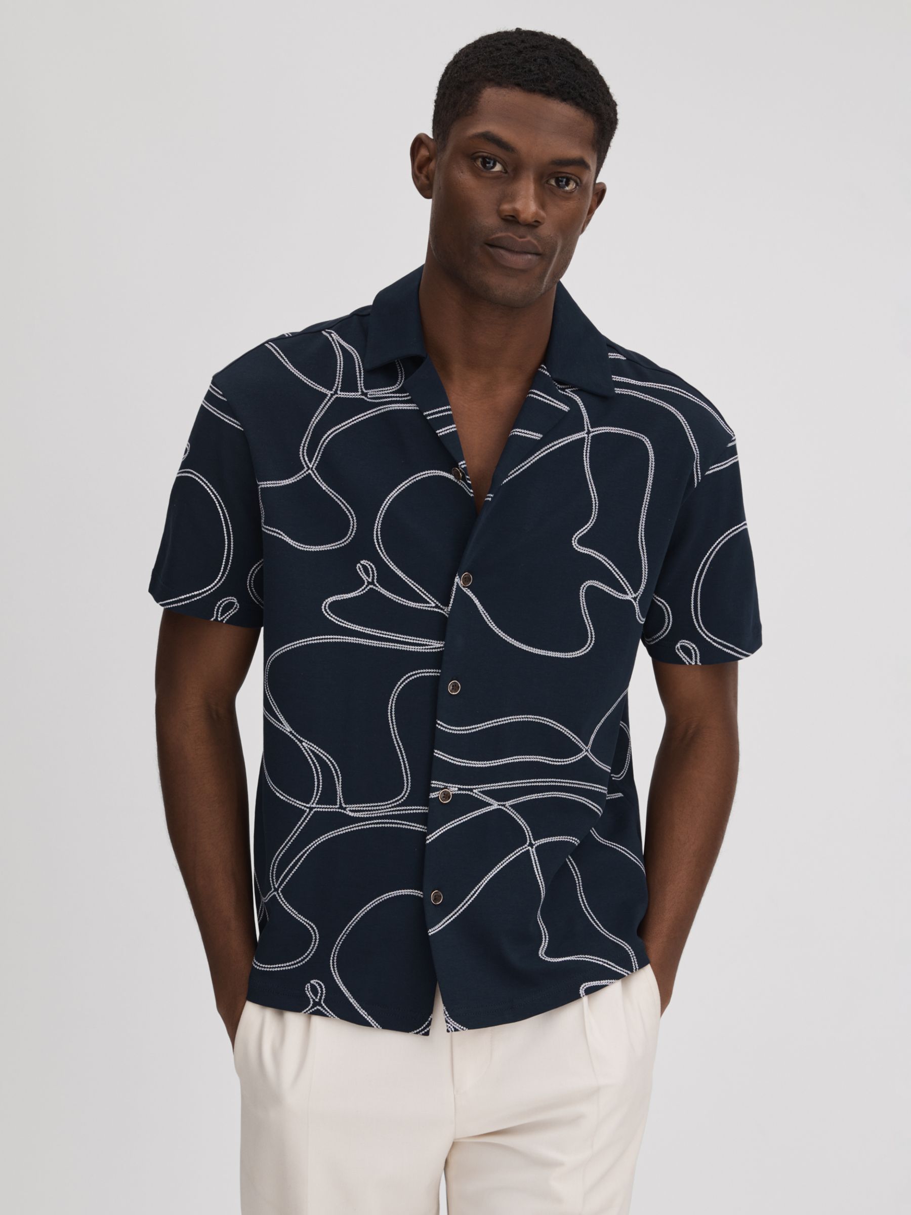Reiss Menton Short Sleeve Swirl Embroidered Shirt, Blue/White, S