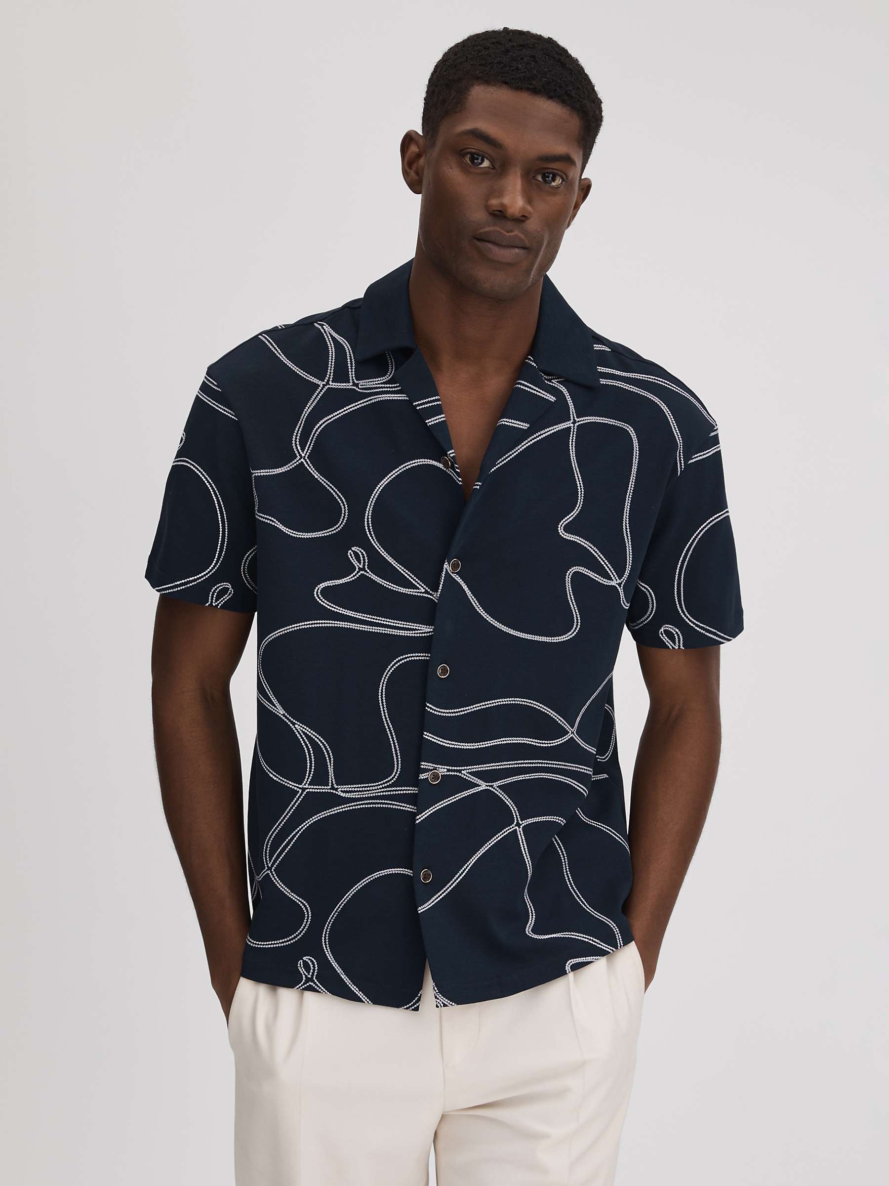 Buy Reiss Menton Short Sleeve Swirl Embroidered Shirt, Blue/White Online at johnlewis.com