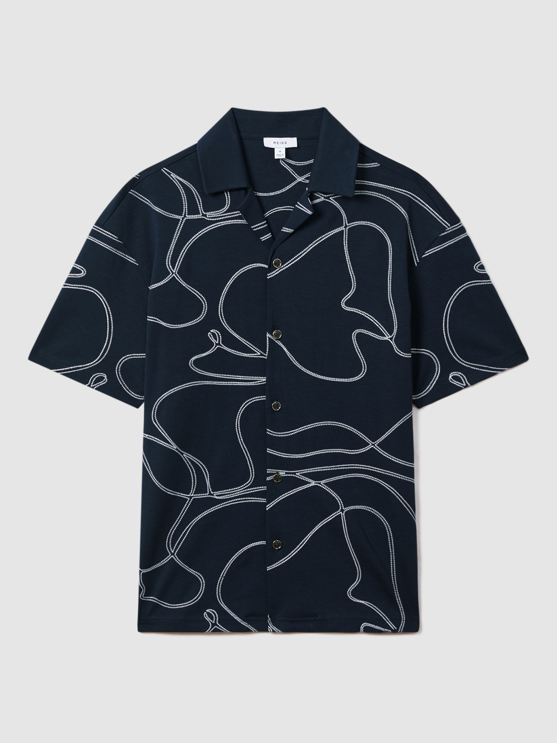 Reiss Menton Short Sleeve Swirl Embroidered Shirt, Blue/White, S