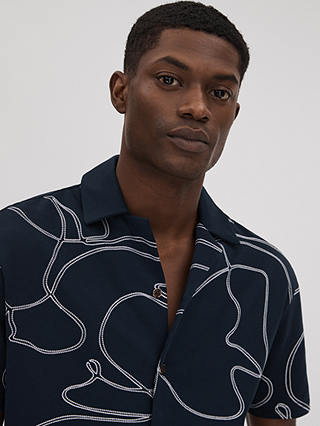 Reiss Menton Short Sleeve Swirl Embroidered Shirt, Blue/White