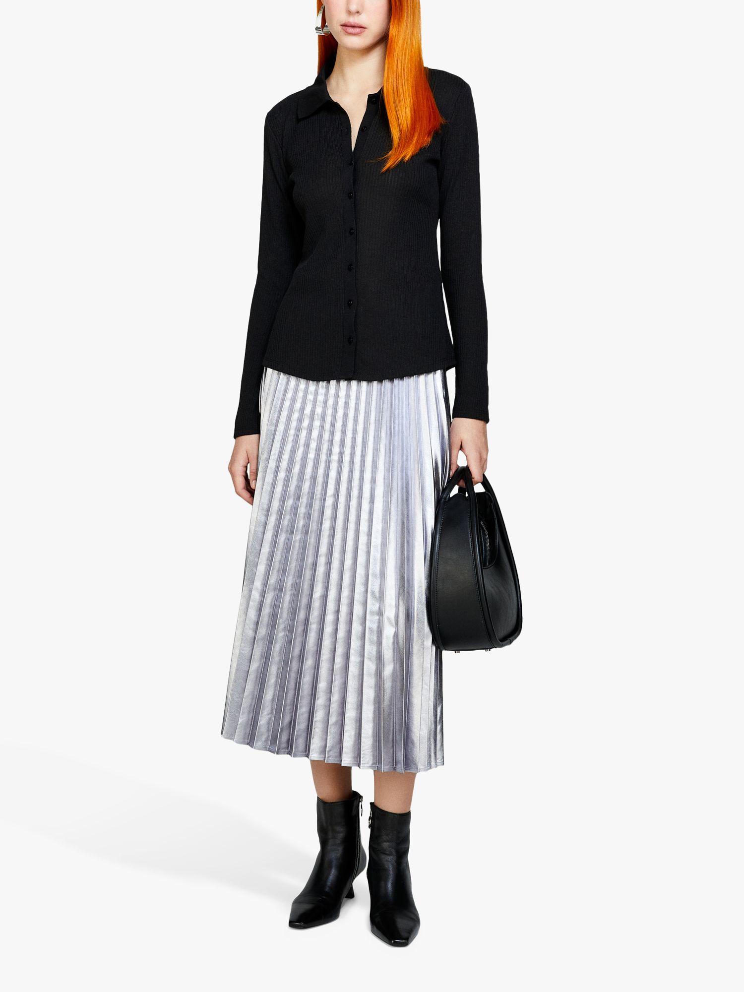 SISLEY Glossy Midi Pleated Skirt, Silver, 8