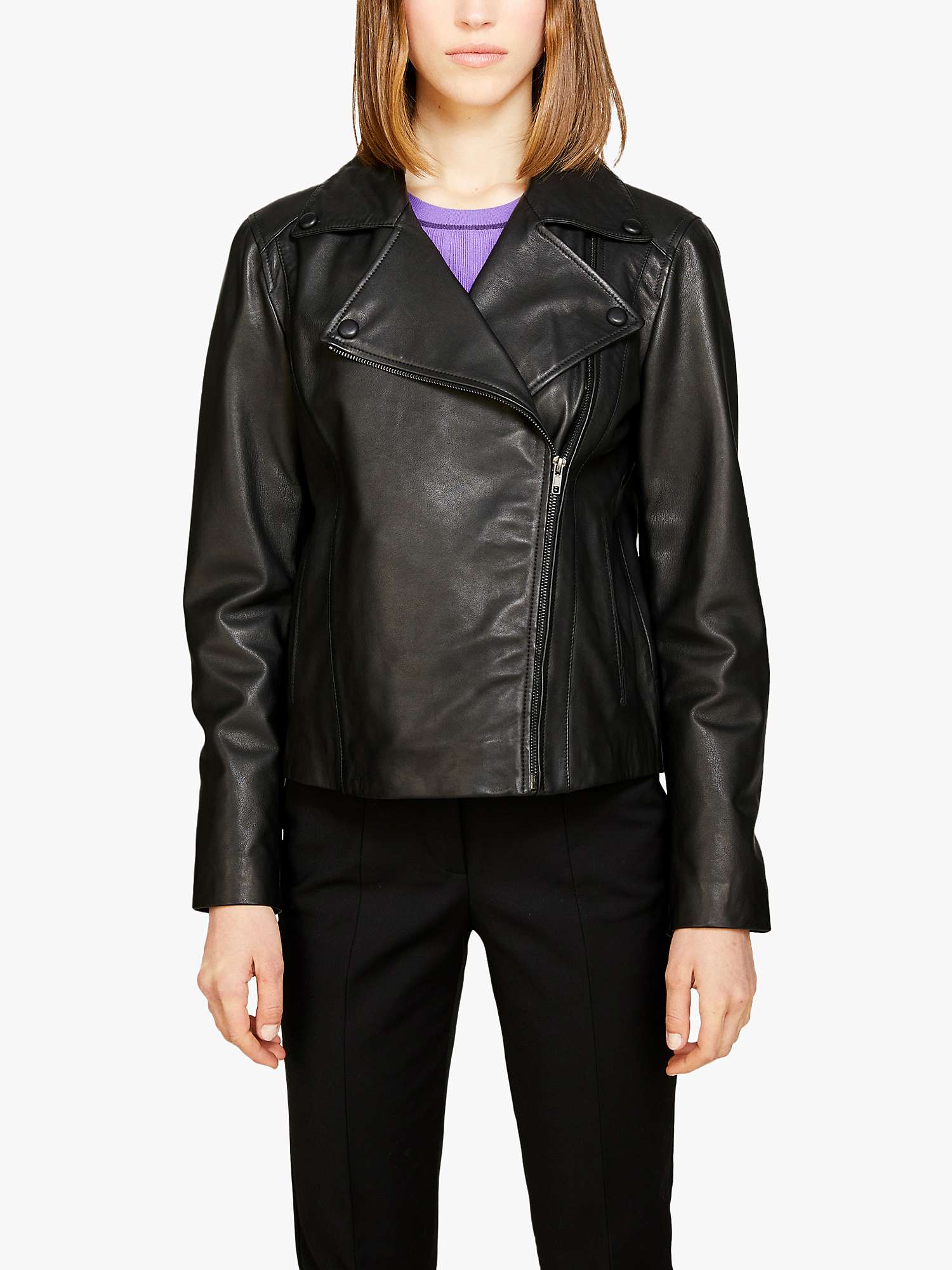 Buy SISLEY Regular Fit Leather Biker Jacket, Black Online at johnlewis.com