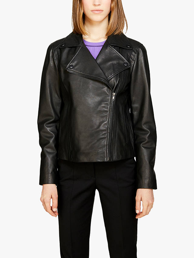 SISLEY Regular Fit Leather Biker Jacket, Black